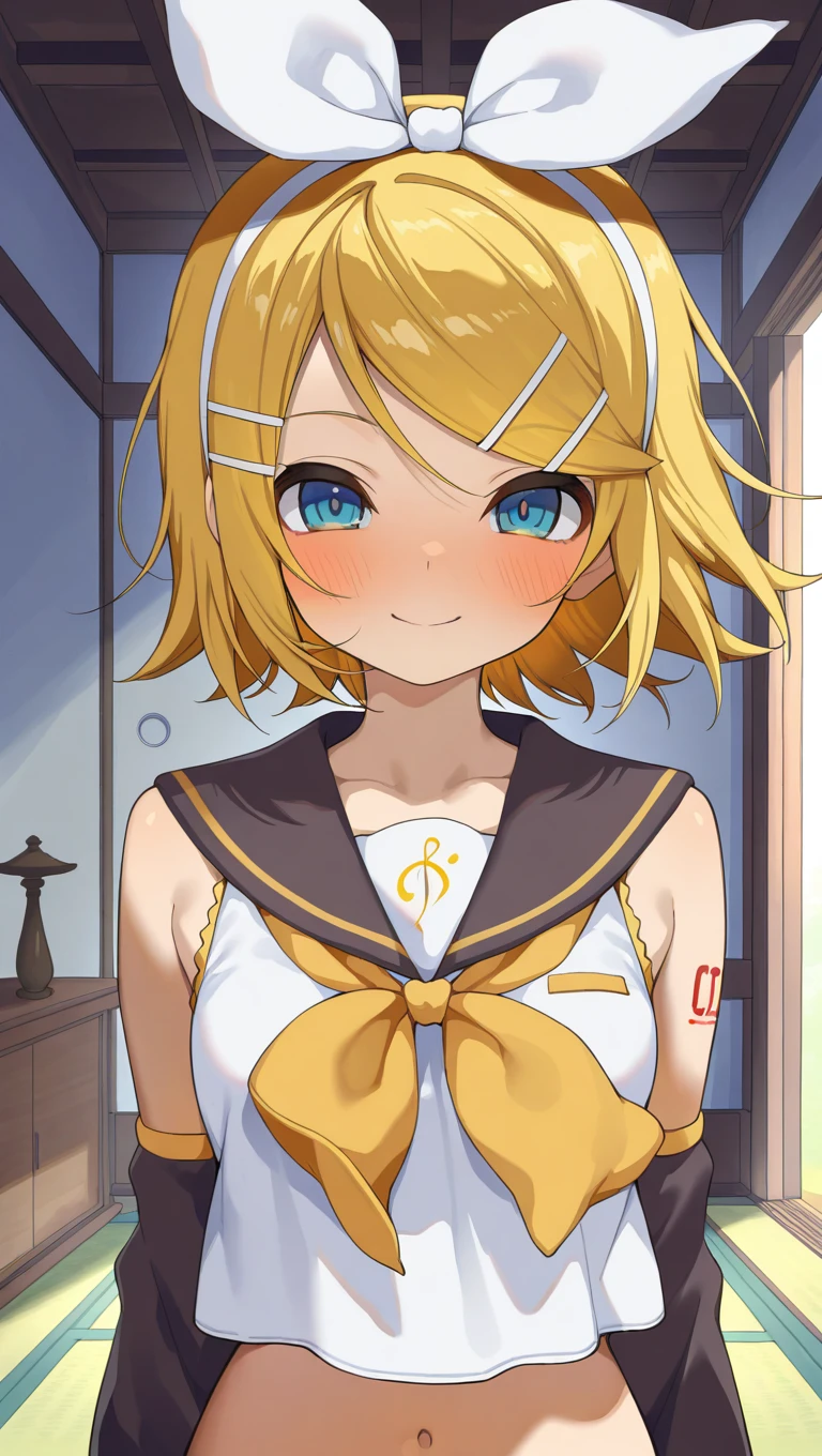 (masterpiece),best quality,amazing quality,very aesthetic,absurdres,newest,perfect body,shiny skin,perfect eyes,detail1eye,well-defined fingers,well-defined fingernails,anime style,indoors,1girl,solo,upper body,(portrait:1.5),looking at viewer,facing viewer,smile,blush,Oga Denmon style,kagamine rin,short hair,blonde hair,floating hair,white hairband,hair bow,white bow,hairclip,swept bangs,blue eyes,collarbone,bare shoulders,black sailor collar,white shirt,sleeveless shirt,crop top,midriff,yellow neckerchief,black sleeves,detached sleeves,medium breasts,navel,stomach,<lora:Kagamine Rin(voc)-Illus-Remake:1.6>,<lora:Oga Denmon[style]-Illus:2>,