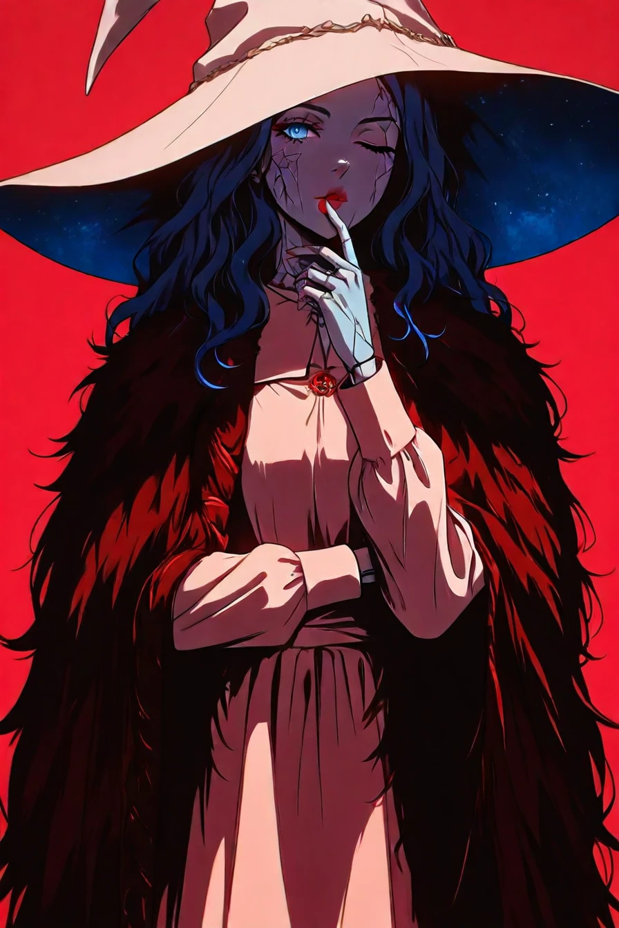 <lora:Ranni_illusXLNoobAI_Incrs_v1:0.4> RnnDef, blue eyes, one eye closed, blue hair, wavy hair, blue skin, colored skin, cracked skin, doll joints, witch hat, large hat, white headwear, white dress, long sleeves, fur cloak, brown cloak, 1girl, solo, alone,<lora:red_aesthetic_anime_illustriousXL:1>, red_aesthetic_anime, red theme, masterpiece, highres