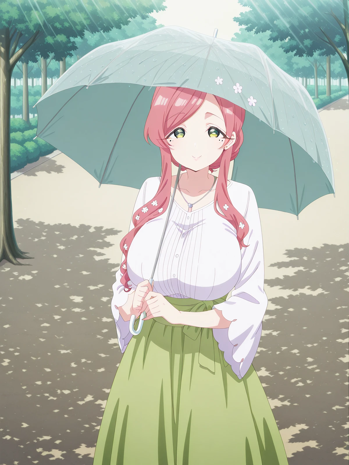 masterpiece, best quality, amazing quality,, <lora:hahari-hanazono-s2-illustriousxl-lora-nochekaiser:1>, hahari hanazono, long hair, bangs, green eyes, pink hair, flower, hair flower, mole, mole under eye, mature female, large breasts, anime screencap, <lora:getsuyoubi-no-tawawa-385-illustriousxl-lora-nochekaiser:1>, getsuyoubinotawawa 385, looking at viewer, smile, holding, standing, outdoors, solo, umbrella, holding umbrella, sunlight, shadow, tree, tree shadow, , ,