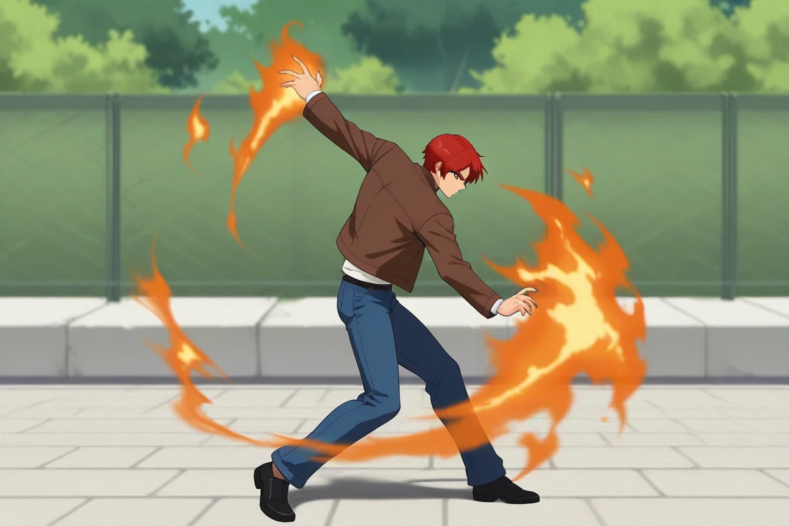 orochinagi, outstretched arms, dynamic pose, fire, pyrokinesis, 1boy, solo, red hair, short hair, brown jacket, long sleeves, white shirt, denim pants, black shoes, outdoors, serious, full body,