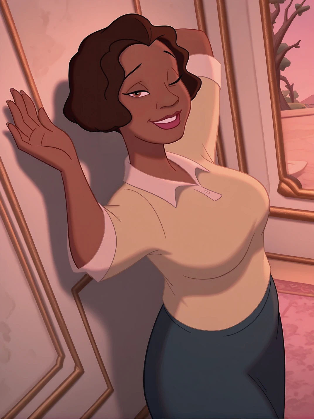 (official style, screencap:1.2), highres,
1girl, (EudoraXL:1.1), dark-skinned female, short hair, brown eyes, brown hair, shirt, long skirt, large breasts, hips, mature female,
light smile, dutch angle, dynamic angle, naughty pose, looking at viewer, outdoors, arms up, armpits, sexy pose, solo, dynamic pose, cowboy shot, head tilt, parted lips, one eye closed, naughty face, from above, against wall, indoors, tree, from side, 
<lora:AEudora_character:1>, white light