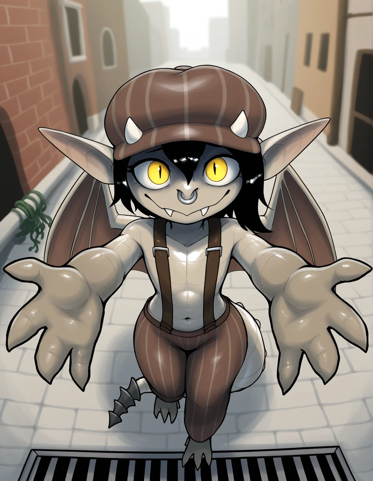 <lora:ivy-deadlock-v3_illustrious:1> (masterpiece, best quality, highres, absurd res, newest), by yaroul, by nezirozi, ivy \(deadlock\), animate inanimate, gargoyle, humanoid, living statue, tailed humanoid, winged humanoid, barefoot, black hair, bottomwear, brown bottomwear, brown clothing, brown hat, brown headwear, brown pants, clothing, eyelashes, facial piercing, fangs, featureless chest, feet, female, flat cap, flat chested, (foreshortening, perspective:1.2), grey body, hair, hat, headgear, headwear, (high-angle view, from above, bird's-eye view:1.1), horn, humanoid pointy ears, looking at viewer, membrane \(anatomy\), membranous wings, navel, newsboy cap, nose piercing, nose ring, offering rocks, offering to viewer, pants, pattern bottomwear, pattern clothing, pattern hat, pattern headgear, pattern headwear, pattern pants, piercing, pointy ears, pupils, reaching towards viewer, ring piercing, rock, sculpture, septum piercing, septum ring, short hair, slit pupils, solo, statue, striped bottomwear, striped clothing, striped pants, stripes, suspenders, suspenders on nipples, tail, teeth, white horn, wings, yellow eyes, detailed background, outside, street, new york city, city, sewer grate, (short, short female:1.3), (shortstack:0.8), creepy face, :<âââ