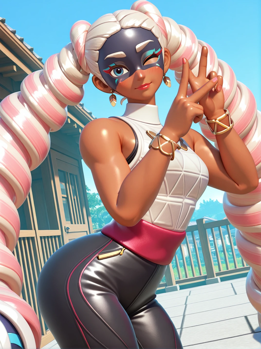 (official style, screencap:1.2), 3d,
1girl, (TwintelleXL:1), (shirt, black pants, sleeveless, bracelet, jewelry, red sash:1.2), (blue eyes, dark-skinned female, long hair, twin drills, mask, drill hair, very long hair, multicolored hair, pink hair, blonde hair, lipstick:1),, skindentation, blush, curvy, hips, medium breasts, 
light smile, dutch angle, naughty pose, looking at viewer, solo, dynamic pose, cowboy shot, head tilt, sexually suggestive, outdoors, house behind, head tilt,, leaning forward, v, from side, one eye closed,
 <lora:ATwintelle_character:1>