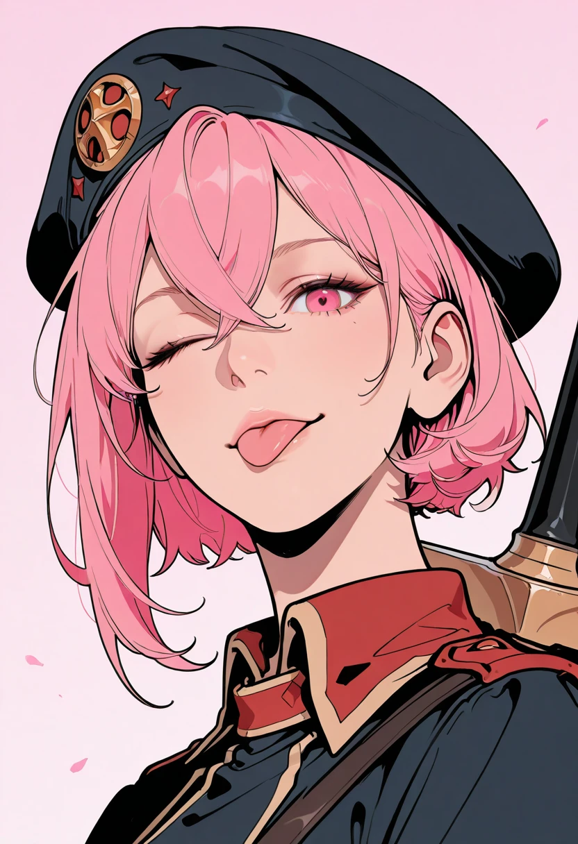 HDR, masterpiece, best quality, very aesthetic, (realistic:1.1), (flat color:1.5),
lenny, 1girl, solo, looking at viewer, short hair, hat, hair between eyes, pink hair, weapon, sword, pink eyes, uniform, military uniform, beret, portrait, crossed bangs, weapon on back, long sword, one eye closed, wink, tongue out