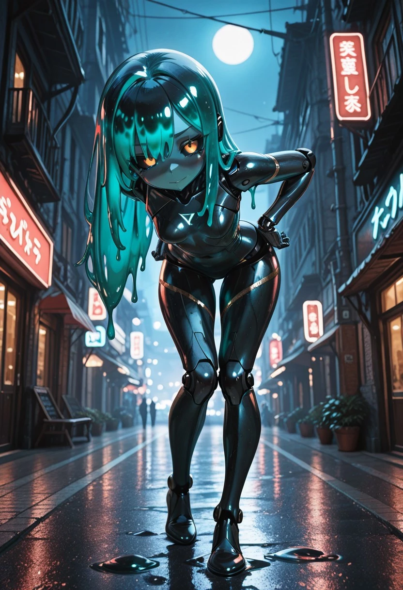 best quality 32k UHD HDR high resolution intricately detailed extremely aesthetic exquisitely beautiful perfectly composed supreme masterpiece, 1girl, robot girl, black sclera, glowing iris, slime hair, slime:substance, metal skin, metal:substance, robot joints, looking at viewer, expressive face, , contrapposto, tilted , hands on , leaning forward, female focus, full body, interesting angle with a good perspective, foreshortening, forced perspective, neon lighting, moonlight glint, city street, after rain, night, dark,