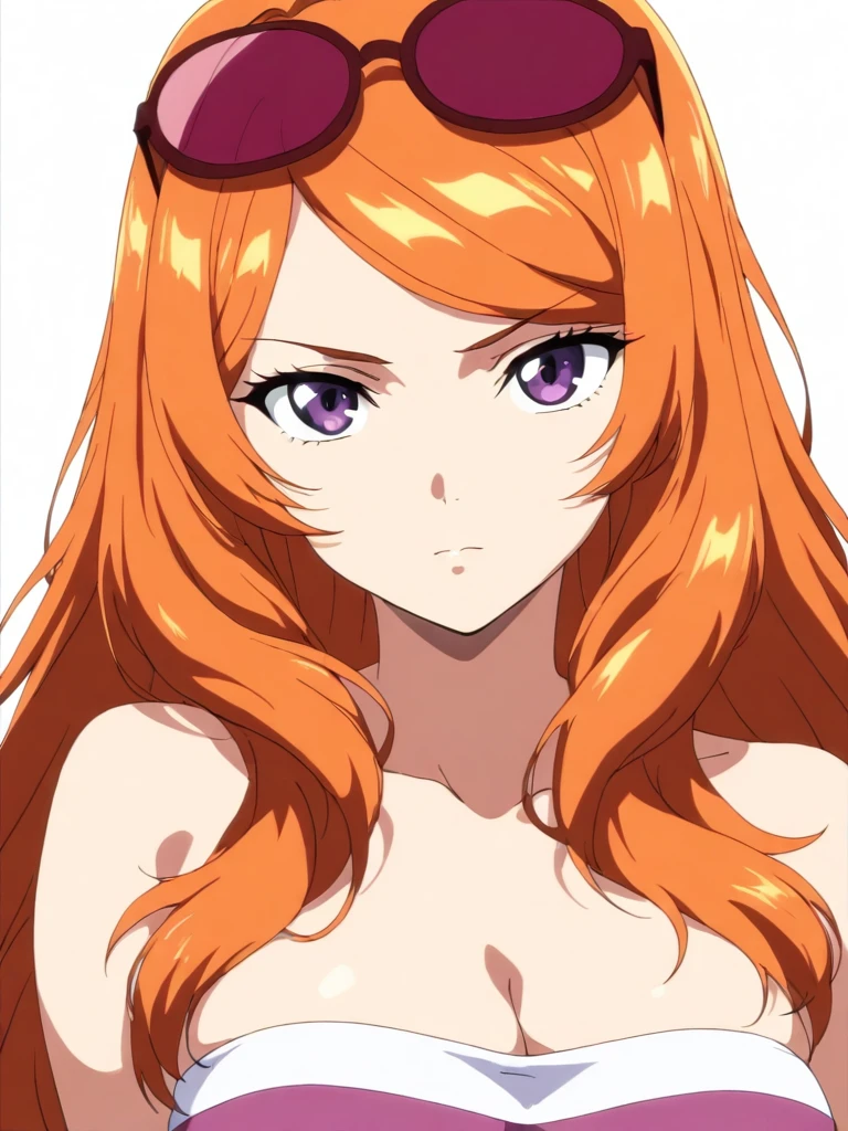 masterpiece,high score,great score,absurdres,anime coloring,looking at viewer,solo,portrait,white background,<lora:SakiShindou ag4o:1> sakishindou, orange hair, long hair, purple eyes, eyewear on head,tube top,cleavage,