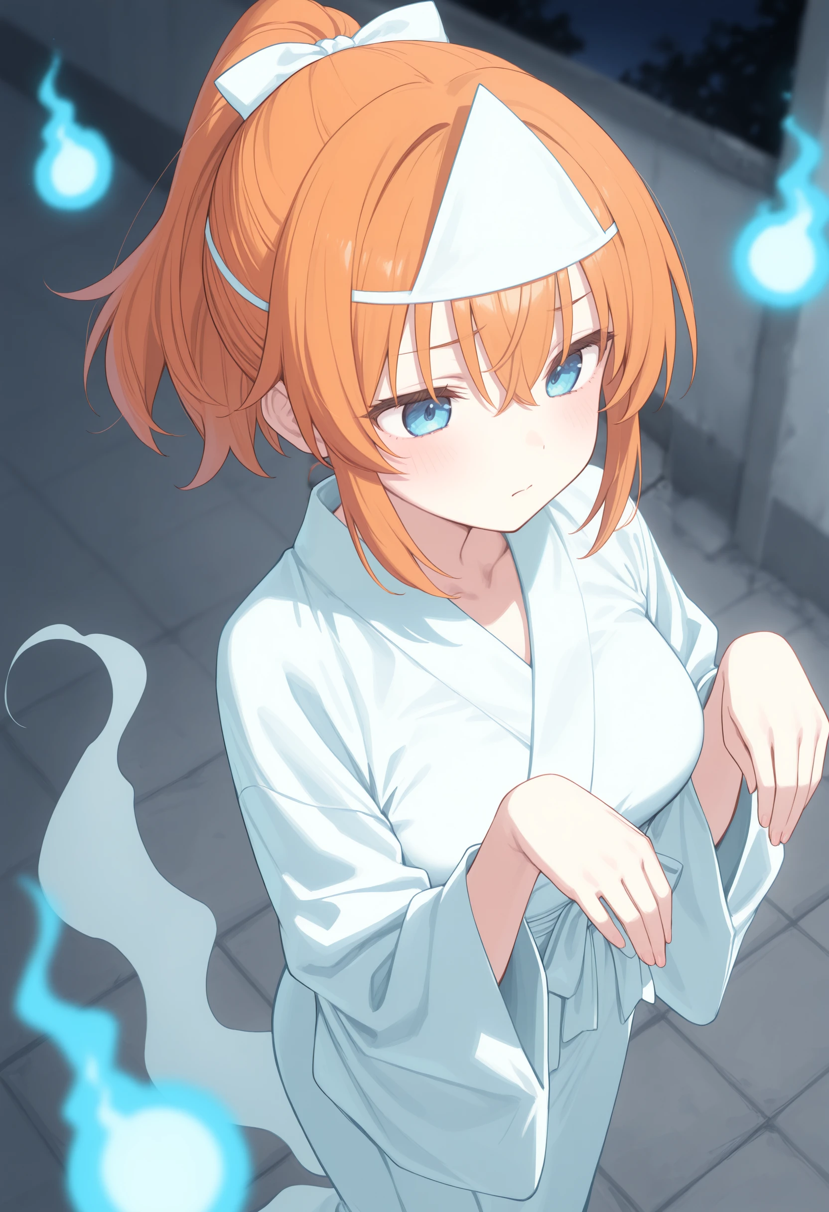 1girl,(sho \(sho lwlw\):0.7),(toosaka asagi:0.5),(sincos:0.3),solo,
masterpiece, best quality, newest, absurdres, CG, anime, source anime, illustration,
medium breasts,
triangular headpiece, shiroshouzoku, japanese clothes, ghost, ghost pose, ghost costume, hitodama, ghost tail, hands up,
blurry background, depth of field, blurry foreground, dark background, night,<lora:triangularheadpiece_Illust_v1:0.8>
from above, cinematic angle, looking ahead, orange hair, blue eyes,disdain, Rooftop, closed mouth, high ponytail hair,