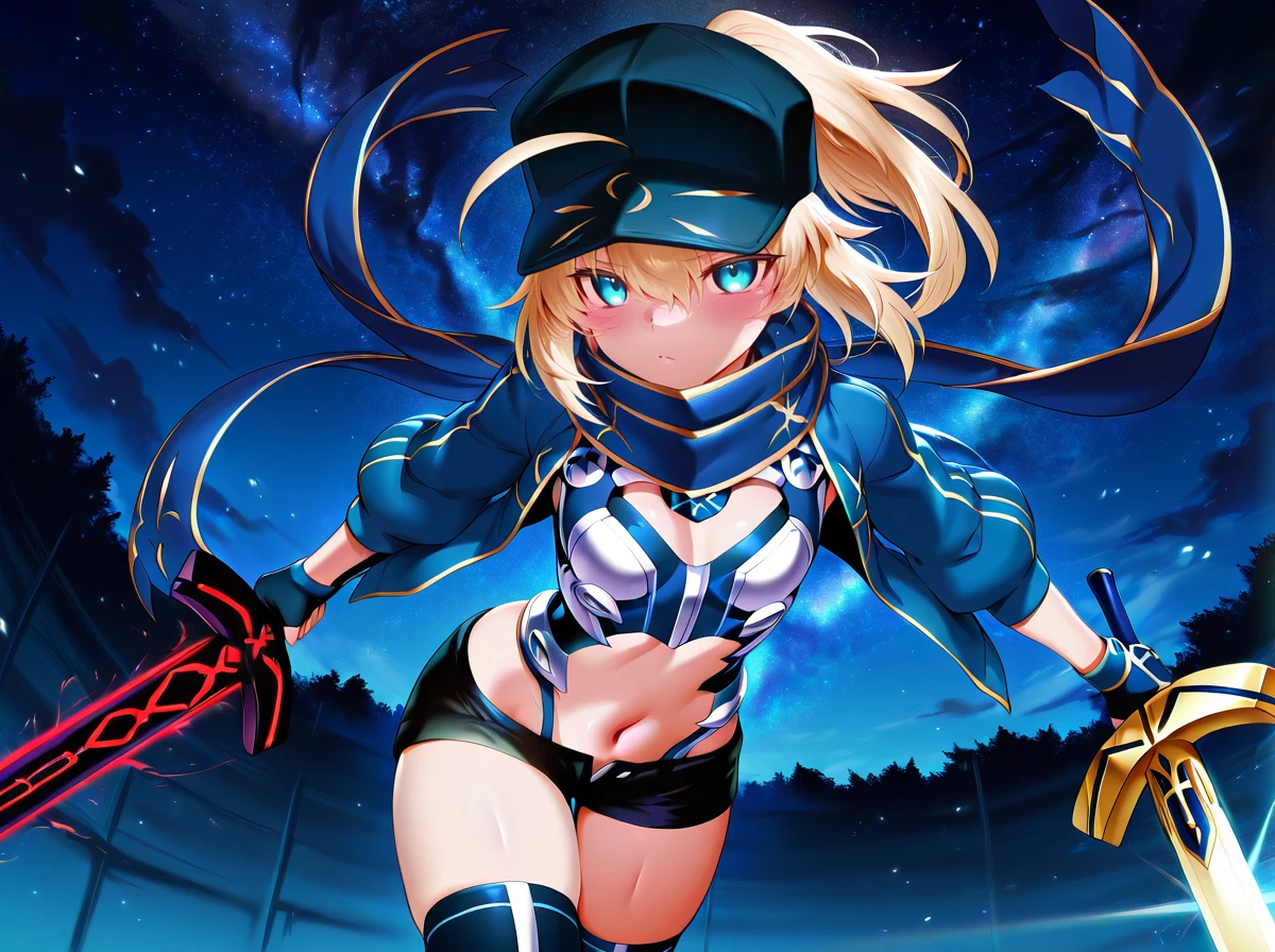 masterpiece, best quality, amazing quality, very aesthetic, absurdres, newest, anime screenshot, anime coloring, master piece, best quality, shiny skin, absurdres, m-da s-tarou, <lora:HeroineXillust:1>1girl, hat, blonde hair, solo, ahoge, shorts,, heroxstage3, baseball cap,thighhighs, ponytail, blue eyes open_jacket navel stomach armor fighting stance, looking at viewer, scarf holding sword, excalibur \(fate/stay night\), dual wielding, excalibur morgan \(fate\), starry sky,