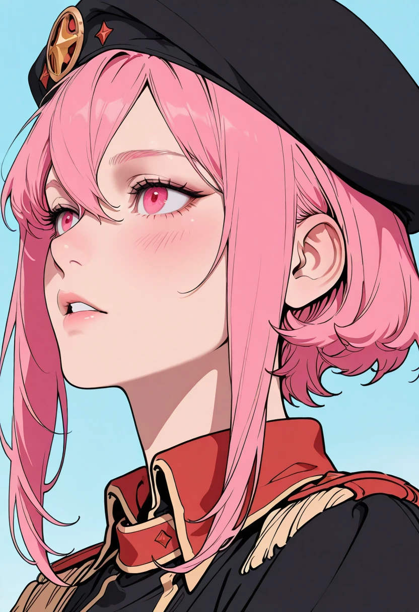 HDR, masterpiece, best quality, very aesthetic, (realistic:1.1), (flat color:1.5),
lenny, 1girl, solo, blush, short hair, hat, hair between eyes, pink hair, parted lips, pink eyes, uniform, black headwear, beret, portrait, short hair with long locks, epaulettes
