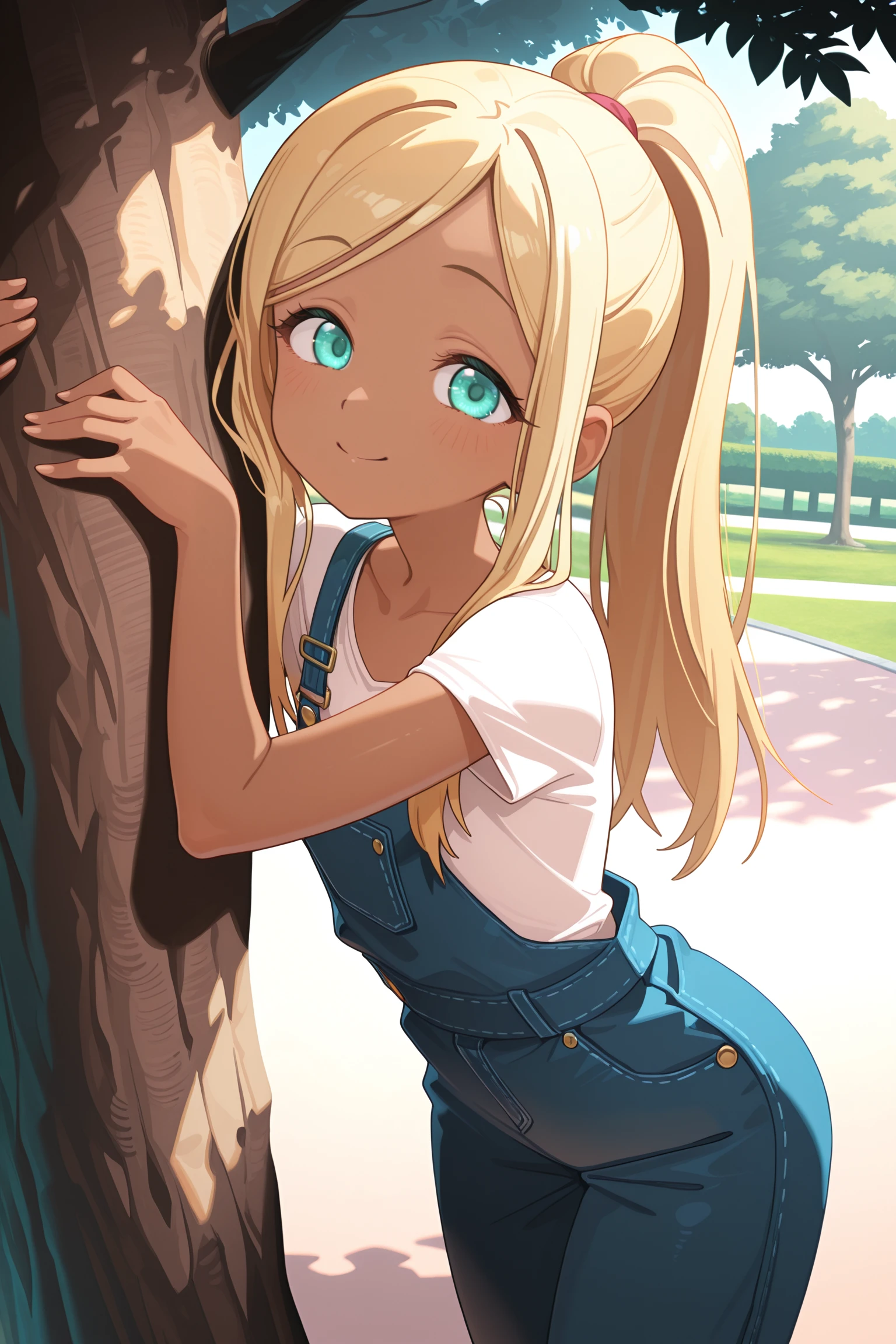 solo, 1girl, laylaim, dark-skinned female, aqua eyes, ponytail, overalls, white top, cute pose, modelling, leaning on a tree, professional shot, looking at viewer, smile, :), blush, park, outdoors, dinamyc angle, BREAK ((ultra-detailed)), ((best quality)), ((beautiful eyes)), ((extremely detailed)), 4K, (8K), best quality, (beautiful), Master piece, highres, best quality, official art, highres, masterpiece, detailed background, high quality background