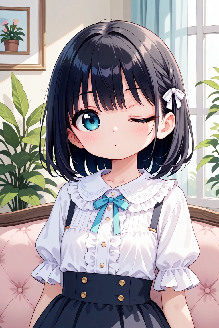 masterpiece, best quality, amazing quality, very aesthetic, absurdres,
cute round face, slender, detailed eyes, detailed hair, kawaii,
1girl, solo,
Intricate details, Extremely detailed, Outstanding intricacies, Absurdres absolutely resolution, Serene atmosphere,
Portrait, Face focus, shooting from front,
expressionless, closed mouth, Looking at viewer,
medium hair, black hair,
White ruffled blouse, saxe-blue ribbon tie, short ruffled sleeves and long layerd skirt,
Fashionable cafe living room, Decorative plants, Pastel cute sofa, Pastel cute curtains, Pastel cute wallpaper,
wink, one eye closed
<lora:wink2_left_xl_v20:1:stop=20>