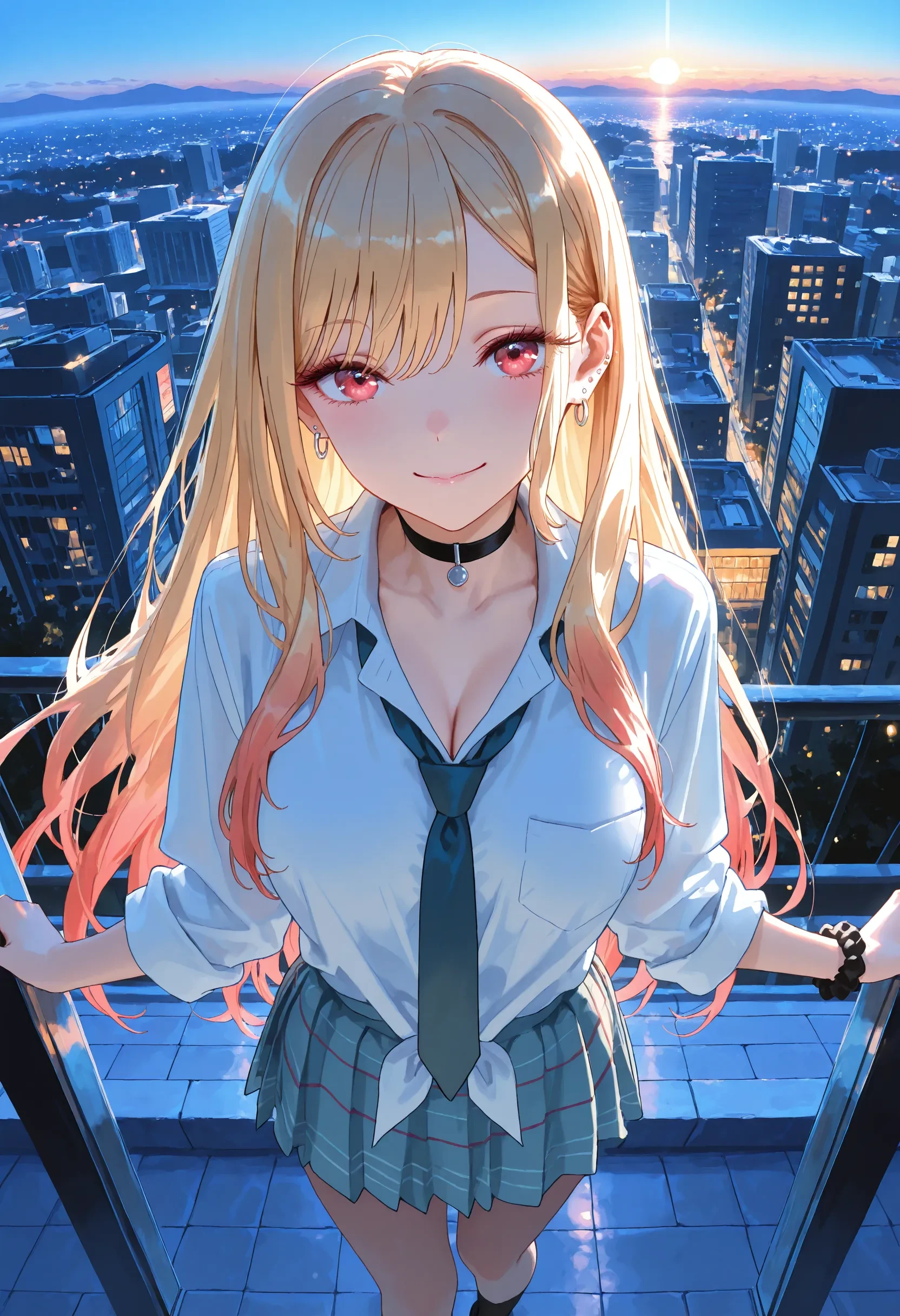 rim lighting, hair highlights, luminous lighting, cinematic ambiance, masterpiece, best quality, absurdres, high detailed, ultra-HD, vibrant colors, year 2024, watercolor, (oekaki:1.1), amazing quality, super fine illustration, extremely detailed illustration, newest,
beautiful person, sono bisque doll wa koi wo suru, kitagawa marin,
tokyo,
(top view:1.2), bird's eye perspective, (unity composition:1.2), (cohesive design:1.1),