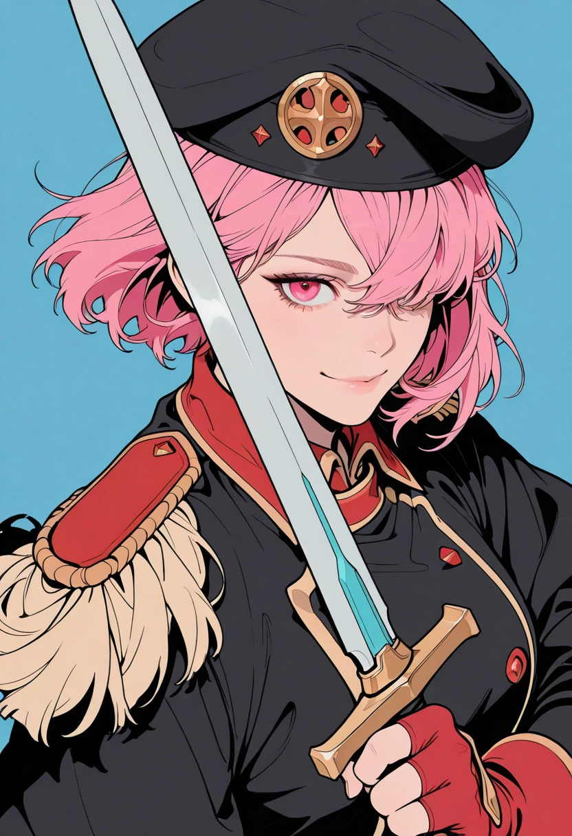 HDR, masterpiece, best quality, very aesthetic, (realistic:1.1), (flat color:1.5),
lenny, 1girl, solo, looking at viewer, smile, short hair, 1boy, gloves, hat, holding, closed mouth, jacket, pink hair, male focus, weapon, sword, pink eyes, fingerless gloves, holding weapon, hair over one eye, black jacket, uniform, black headwear, blue background, holding sword, red gloves, epaulettes