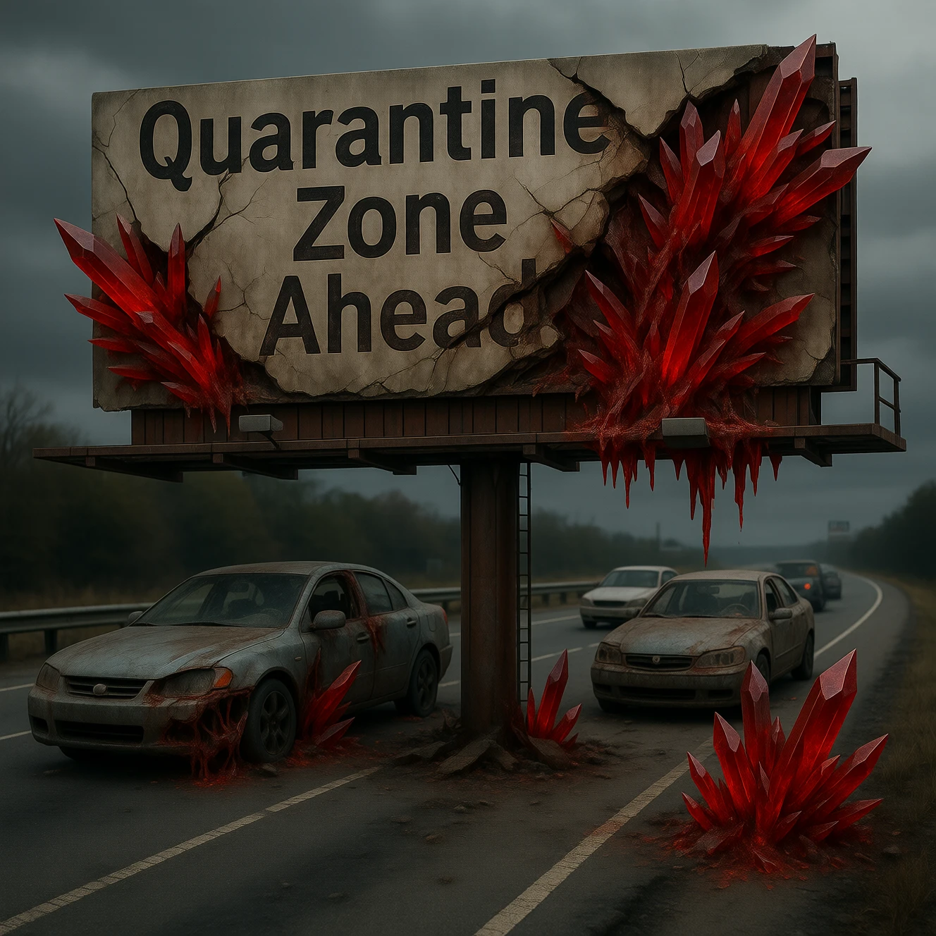 highway billboard half-collapsed, text “Quarantine Zone Ahead” fractured by crystalline growths, COLOR CrystalPl4gu3, cars frozen mid-escape
