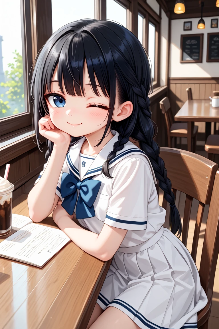newest, latest, masterpiece, best quality, amazing quality, very aesthetic, absurdres,
cute, cute round face, slender, detailed eyes, detailed hair, kawaii,
1girl, solo,
cowboy shot, (one eye closed, wink:1.1),
smile, closed mouth, looking at viewer, jitome,
Detailed dark-blue eyes, Long hair with braids, black hair, Detailed slender body,
white sailor school uniform, blue bowtie,
sitting, in cafe, classic interiors, gothic furnitures
<lora:wink1_left_xl_v20:1>
