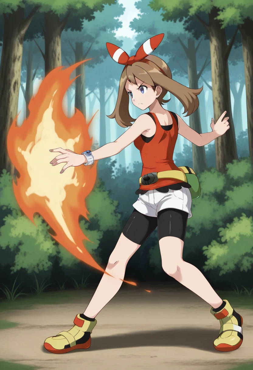 orochinagi, outstretched arms, dynamic pose, fire, pyrokinesis, 1girl, solo, harukamayoras, may (pokemon), brown hair, bow hairband, blue eyes, sleeveless shirt, fanny pack, short shorts, bike shorts, bike shorts under shorts, bracelet, yellow shoes, full body, outdoors, forest, serious, from side, back,