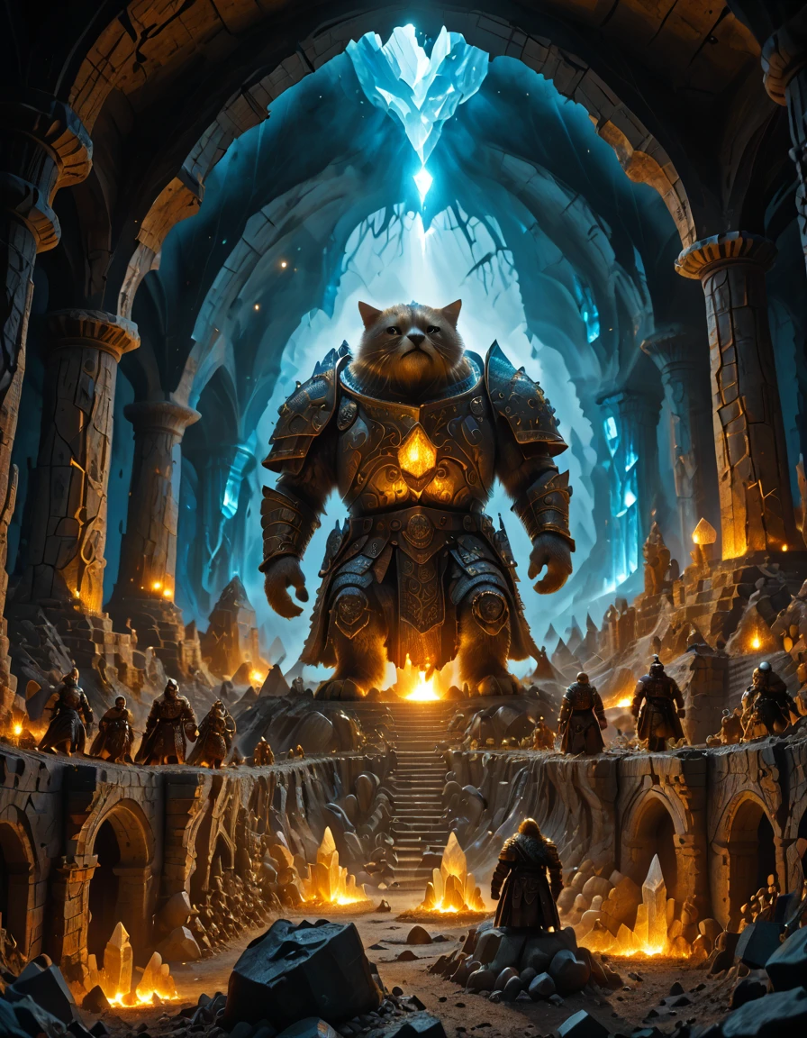 <lora:MW_Dwarven_beta_pony:1> dwarf warrior, heavy armor, golden runes, riding armored bear, underground cavern, glowing crystals, subterranean river, stone pillars, dwarven statues, mist, cinematic lighting, glowing embers, epic fantasy, dramatic perspective, cat,