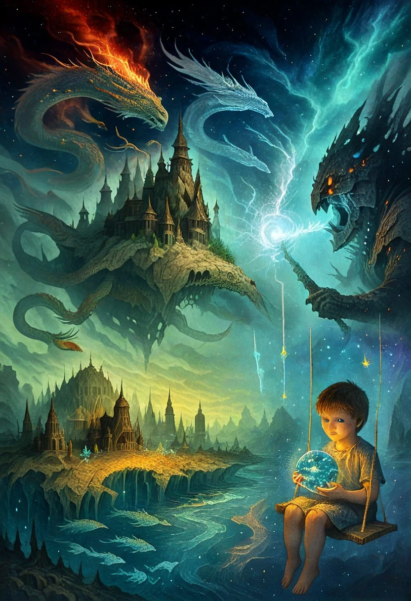 A colossal living mountain, its peaks adorned with ancient temples and forgotten shrines, floats through a sky of swirling mist and silent prayers, dragging a forgotten city of spires and shadows. The heavens are a fractured canvas, with one half ablaze with the silent roar of a cosmic storm and the other a tranquil expanse of shimmering nebulae and frozen whispers. Below, a sprawling metropolis, built into the heart of a colossal, petrified beast, slowly dissolves into a river of solidified sorrow, where spectral fish swim through inverted forests of crystal and bone. Gigantic, feathered serpents glide through the air, their scales shimmering with ancient magic, while ethereal warriors on steeds of pure light navigate the unseen currents. A shaman, whose voice is woven from the threads of creation, battles a monstrous entity born from a forgotten curse, its form a shifting mosaic of shattered destinies and discordant prophecies. Islands of solidified dreams dissipate, releasing swarms of iridescent insects that become fleeting constellations as they ascend. A child with eyes like distant stars sits on a swing made of woven starlight, holding a miniature universe, as the fabric of space-time unravels around them like a tattered scroll.