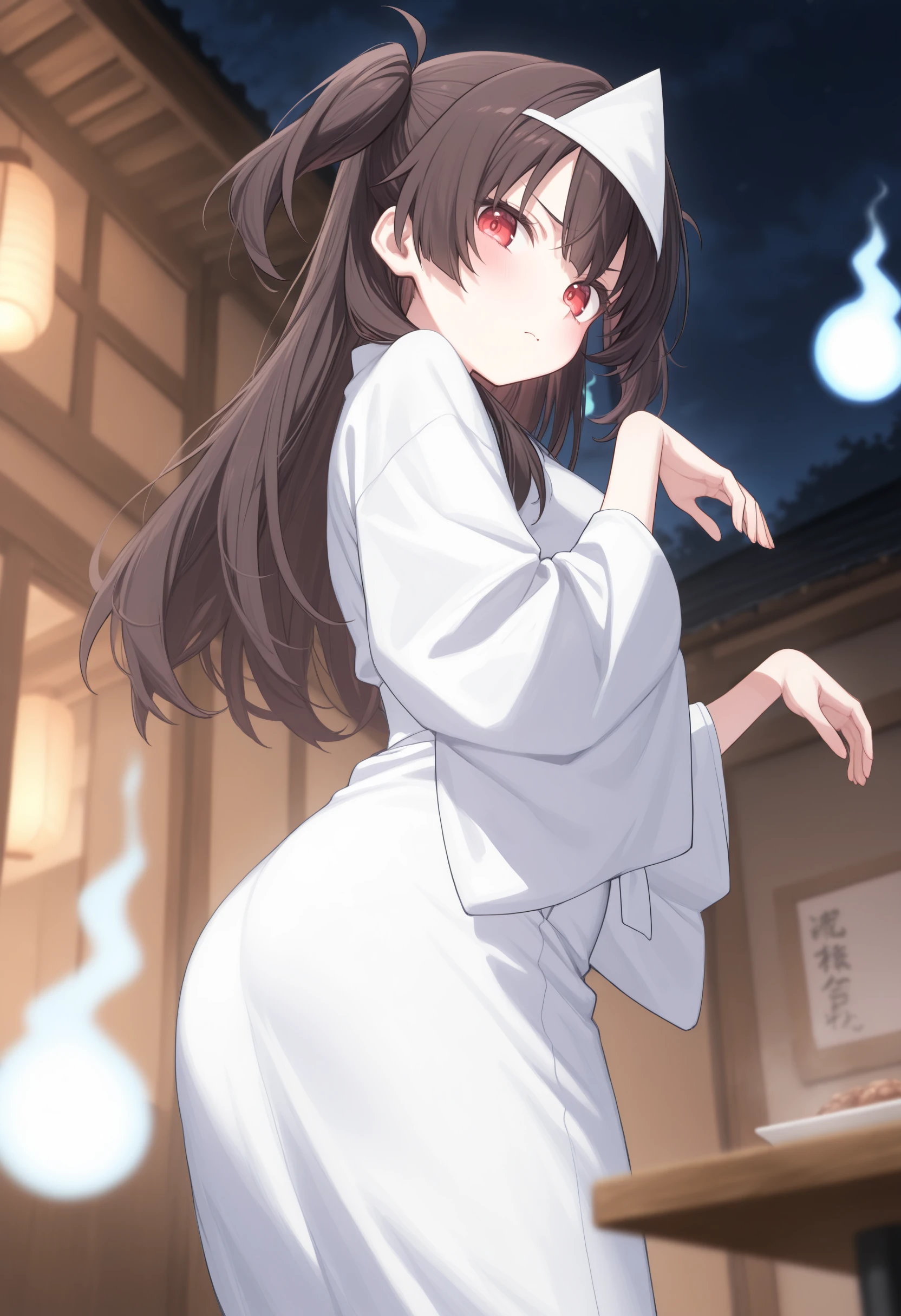 1girl,(sho \(sho lwlw\):0.7),(toosaka asagi:0.5),(sincos:0.3),solo,
masterpiece, best quality, newest, absurdres, CG, anime, source anime, illustration,
medium breasts,
triangular headpiece, shiroshouzoku, japanese clothes, ghost, ghost pose, ghost costume, hitodama, ghost tail, hands up,
blurry background, depth of field, blurry foreground, dark background, night,<lora:triangularheadpiece_Illust_v1:0.8>
from below, cowboy shot, looking back, brown hair, red eyes,pain, restaurant, closed mouth, two side up hair,
