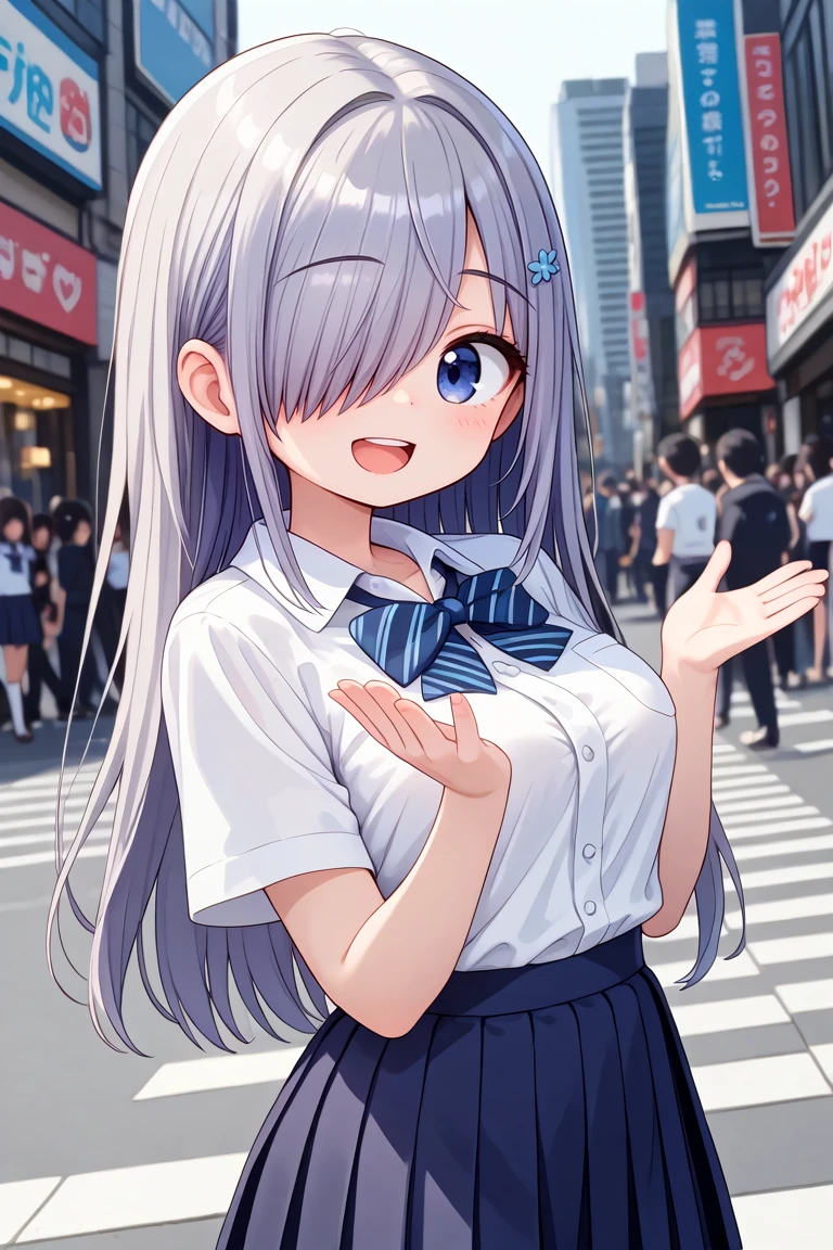 masterpiece, best quality, amazing quality, very aesthetic, absurdres,
cute round face, slender, detailed eyes, detailed hair, kawaii,
1girl, solo,
summer school uniform with indigo blue bowtie, short sleeves, dark blue skirt, pleated skirt, indigo blue bowtie,
white shirt, shirt with white button, skirt with many pleats, plain shirt, plain skirt, striped bowtie, shirt_tucked_in,
smile, open mouth, standing,
45 angle, cute pose, cowboy shot,
in harajuku, shibuya, tokyo, street, crowd, cityscape, photo background, blurry background,
medium breasts, long hair, grey hair, dark blue eyes,
hair over one eye
<lora:mekakure_right_xl_v20:1>
