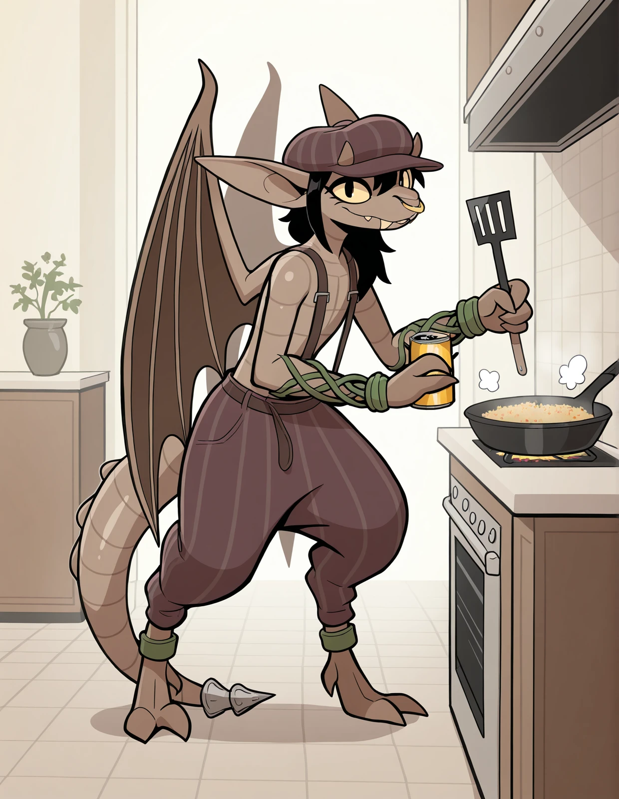 <lora:ivy-deadlock-v3_illustrious:1> (masterpiece, best quality, highres, absurd res, newest), ivy \(deadlock\), animate inanimate, gargoyle, living statue, 2 toes, 4 fingers, ankleband, anthro, bat wings, beverage can, brown body, can, clothed, clothing, container, cooking, facial piercing, fangs, featureless chest, feet, female, fingers, flat chested, food, gas can, hat, headgear, headwear, holding can, holding container, holding object, holding spatula, holding tool, horn, hose, ivy \(plant\), long ears, looking at viewer, membrane \(anatomy\), membranous wings, newsboy cap, nose piercing, nose ring, paella, piercing, prosthetic, prosthetic limb, prosthetic tail, ring piercing, sculpture, simple background, solo, spatula, statue, steam, suspenders, tail, tail ridge, teeth, toes, tools, wings, wristband, detailed background, kitchen, apartmentâââ