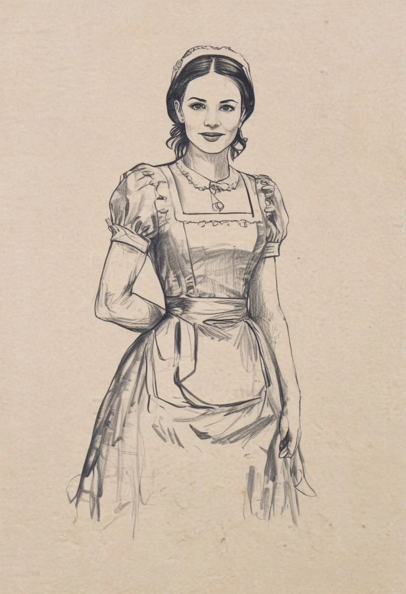 pencil sketch, maid, maid costume,
