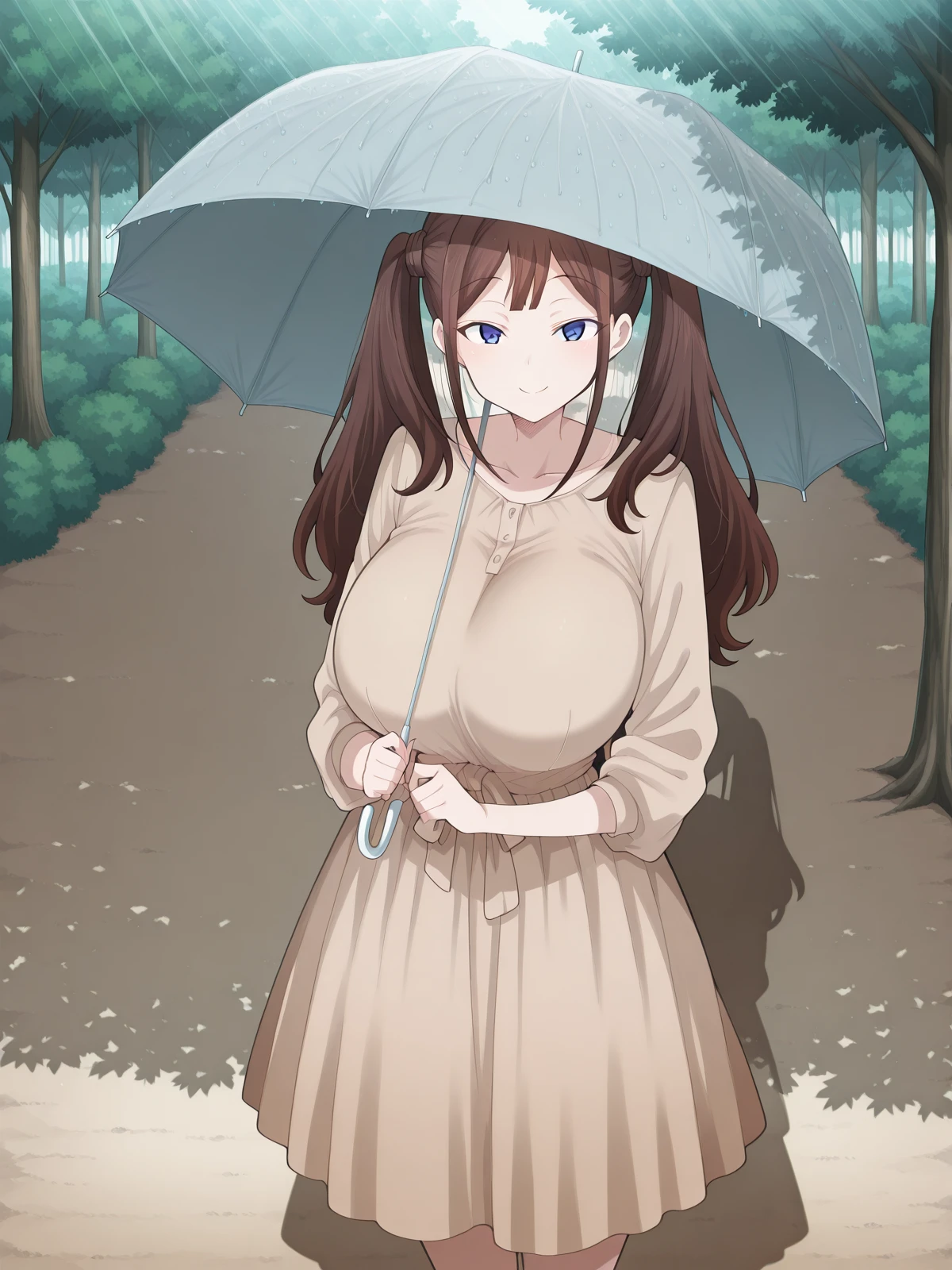 masterpiece, best quality, amazing quality,, <lora:terasu-mc-tsubame-manga-illustriousxl-lora-nochekaiser:1>, tsubame, long hair, blue eyes, brown hair, twintails, mature female, huge breasts, anime screencap, <lora:getsuyoubi-no-tawawa-385-illustriousxl-lora-nochekaiser:1>, getsuyoubinotawawa 385, looking at viewer, smile, holding, standing, outdoors, solo, umbrella, holding umbrella, sunlight, shadow, tree, tree shadow, , ,