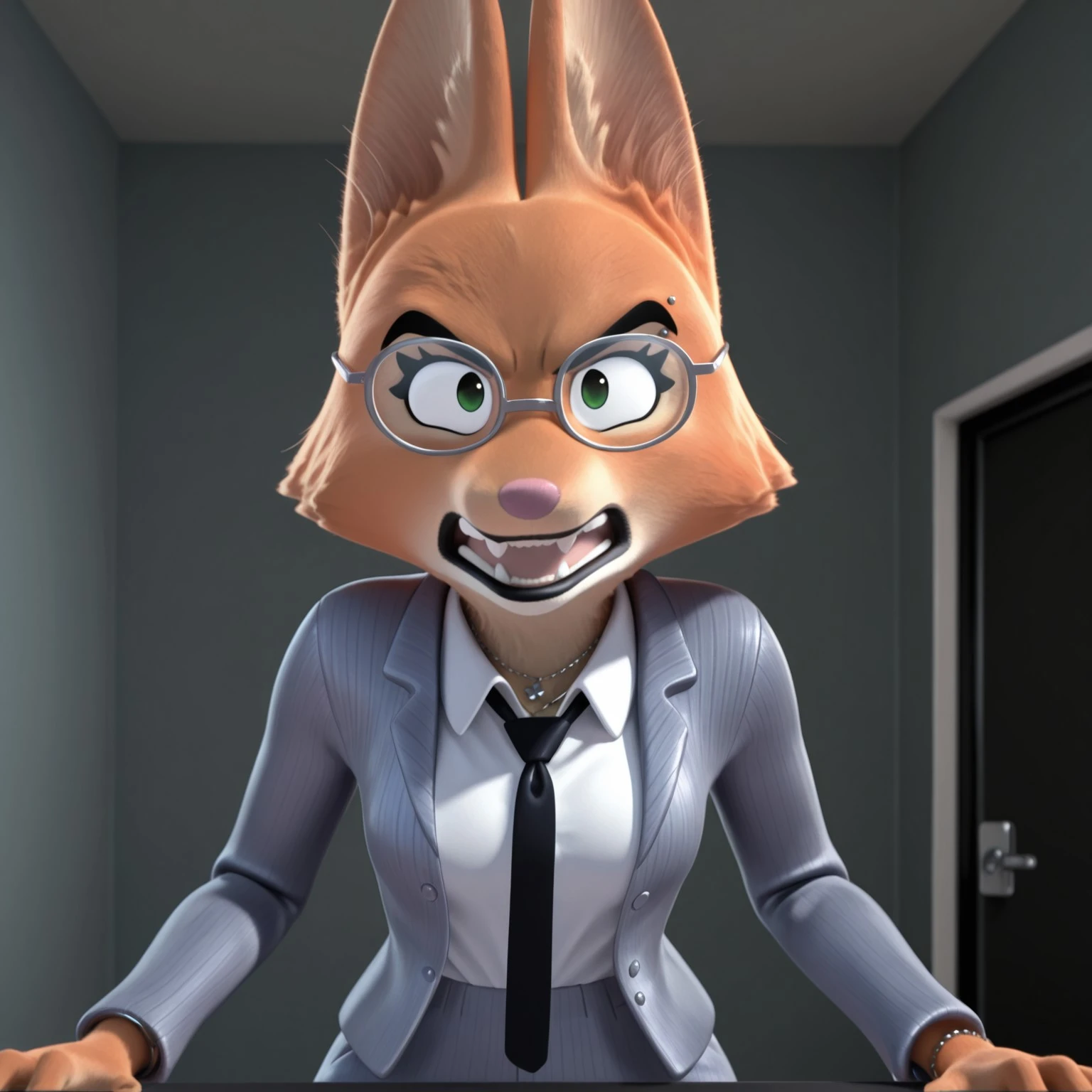 8k, masterpiece, best quality, highly detailed, 1girl, solo, DianeTBGV2, female furry, anthro, fox, cheek tuft, black eyebrows, green eyes, pink nose, black lips, orange body, orange fur, tan body, tan fur, two tone body, two tone fur, fox tail, eyebrow piercing, grey business suit, white dress shirt, black tie, shirt tucked in, grey pants, grey bottomwear, necklace, bracelet, portrait, 4 fingers, standing, open mouth, teeth, looking at viewer, indoors, detailed background, front view, standing, serious look, wide eyes, interrogation room, big room, black table, grey round glasses, angry, slamming hands on table
