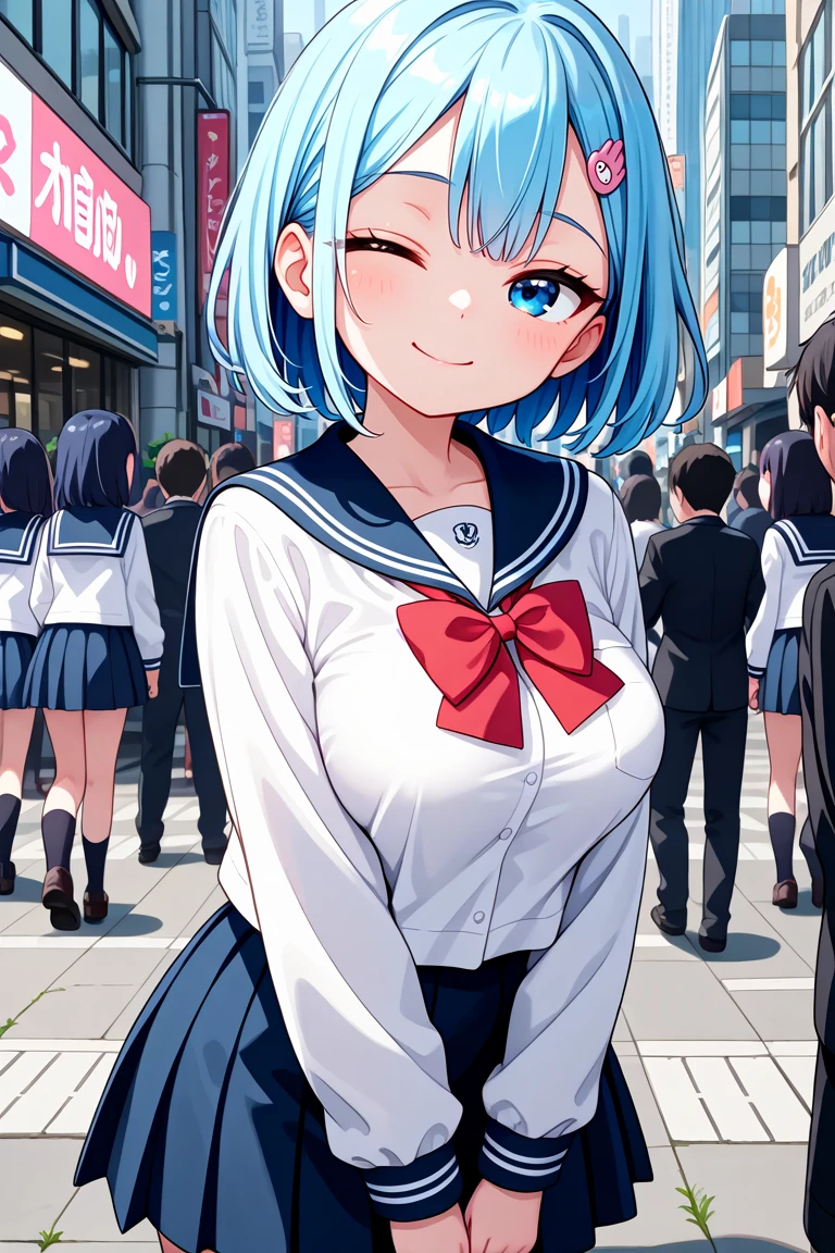 masterpiece, best quality, amazing quality, very aesthetic, absurdres,
cute round face, slender, detailed eyes, detailed hair, kawaii,
1girl, solo,
wearing winter school uniform, sailor school uniform, white shirt, blue pleated skirt, red bowtie,
smile, closed mouth,
standing, cowboy shot, looking at viewer,
slender, kawaii, perfect symmetrical face, ultra cute girl, ultra cute face, ultra detailed eyes, ultra detailed hair, ultra cute, ultra beautiful,
in harajuku, shibuya, tokyo, street, crowd, cityscape,
medium large breasts,
blue hair, short hair, blue eyes, hair pin, one eye closed
<lora:wink1_right_xl_v20:2:stop=10>