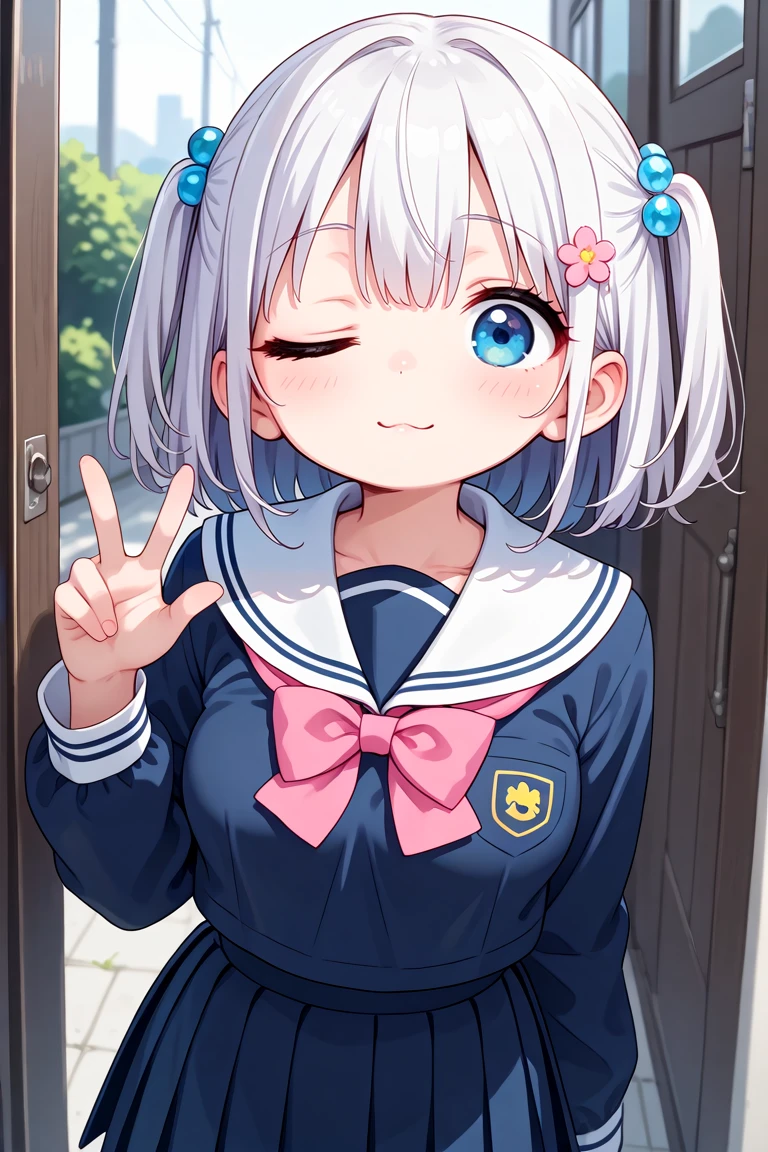 masterpiece, best quality, amazing quality, very aesthetic, absurdres,
cute round face, slender, detailed eyes, detailed hair, kawaii,
1girl, solo, medium breasts, school uniform, cowboy shot,
one eye closed
<lora:wink2_right_xl_v20:3:stop=10>