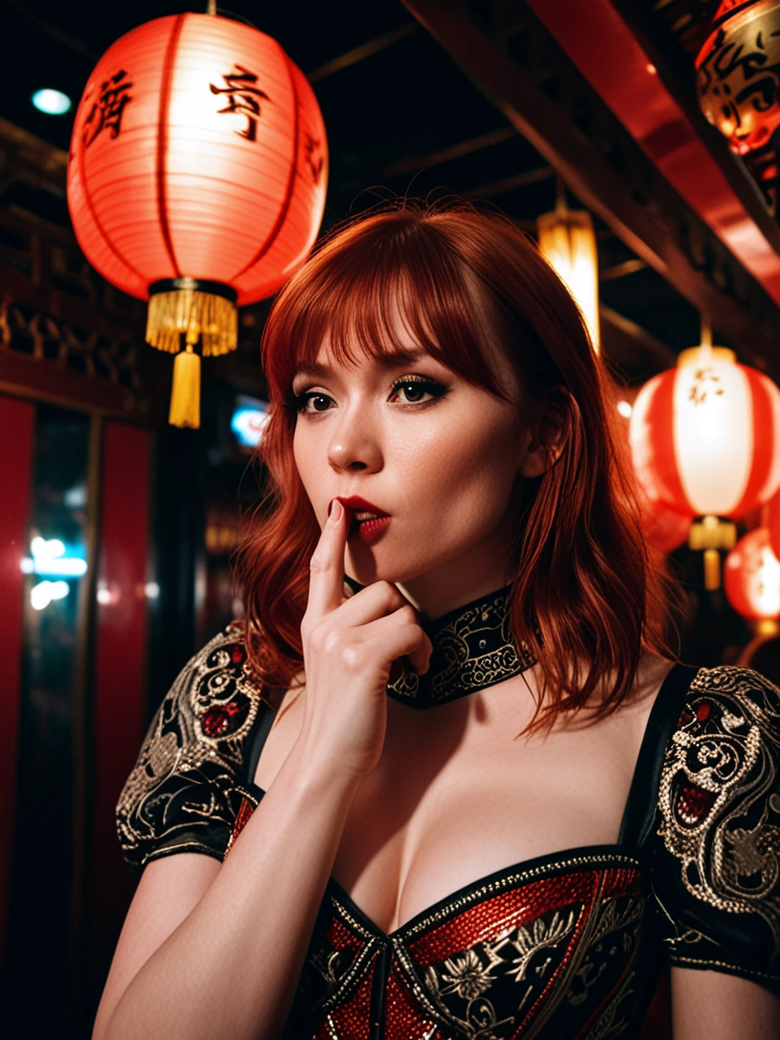 raw photograph, 8k, filmgrain, influencer girl with brown hair and bangs, from below, finger touching lips, victorian dress, shiny skin, winged eyeliner, angry, (((red hair))), pale skin ,face details, looking to side, (in chinese nightclub), forehead,cleavage, sharp focus, chinese lanterns, dark reds