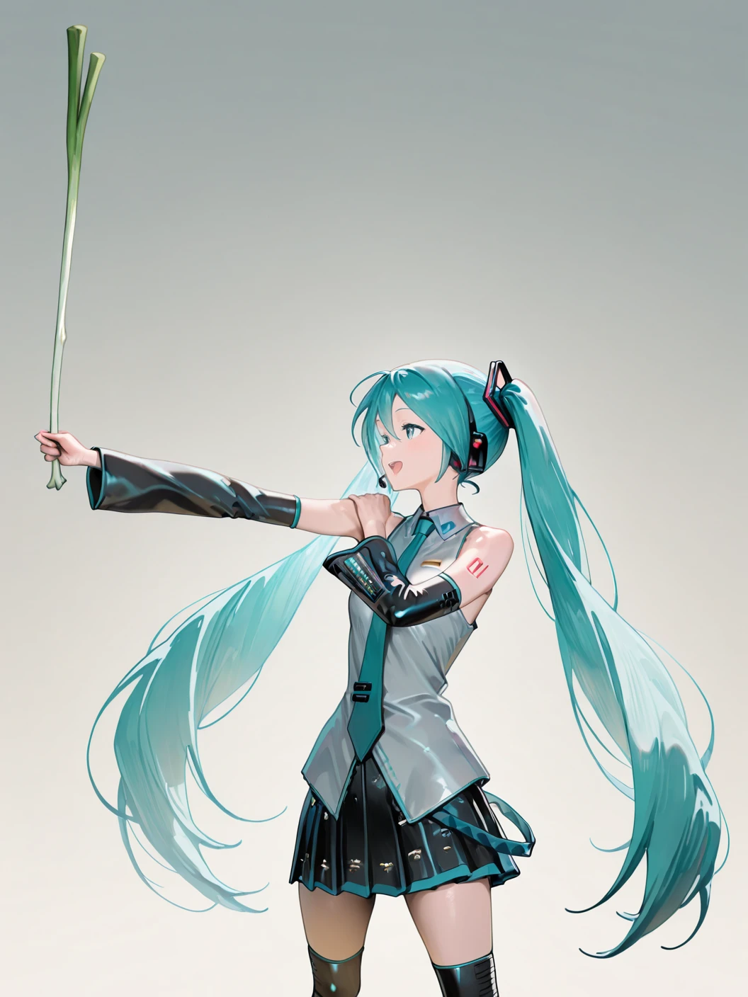 (1girl:1.2), (sensitive:1.3), (masterpiece:1.2), newest, <lora:IchiroBattingStance_ill_v03:1> ichiro, outstretched arm, hand on own shoulder, holding, holding spring onion, spring onion, hatsune miku, headset, grey shirt, sleeveless, thigh boots, pleated shirt,