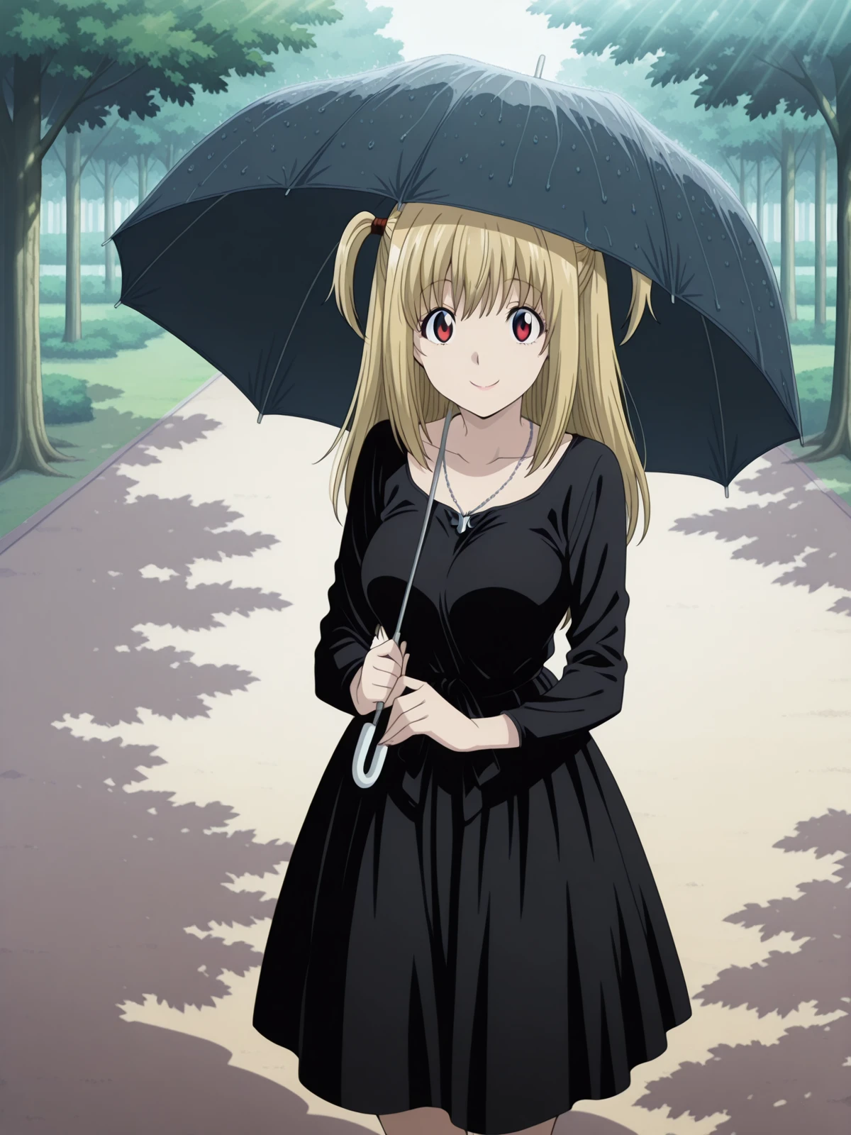 masterpiece, best quality, amazing quality,, <lora:misa-amane-anime-illustriousxl-lora-nochekaiser:1>, misa amane, long hair, blonde hair, red eyes, two side up, mature female, medium breasts, anime screencap,, <lora:getsuyoubi-no-tawawa-385-illustriousxl-lora-nochekaiser:1>, getsuyoubinotawawa 385, looking at viewer, smile, holding, standing, outdoors, solo, umbrella, holding umbrella, sunlight, shadow, tree, tree shadow, , ,