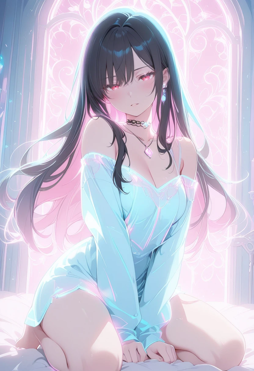 (masterpiece:1.2), best quality, ultra-detailed, highres,
1girl, solo, sitting on bed, bedroom background, soft lighting, intimate atmosphere,
long black hair, silky hair, straight hair, bangs, flowing hair,
red eyes, intense gaze, slightly parted lips, pale skin, soft blush,
black off-shoulder dress, loose clothing, cleavage, short dress, casual yet style,
choker necklace, pendant, layered necklace, gothic accessory,
kneeling pose, thighs visible, delicate hands resting on bed,
soft shadows, cozy mood, warm interior, subtle background details
<lora:Crystal_Radiance:1>,CrystalRadiance,
(glowing hair, pastel colors, luminous, ethereal, holographic effect, light particles, soft lighting, neon glow, blue and pink color scheme, fantasy aura, futuristic style, elegant, dreamy atmosphere)