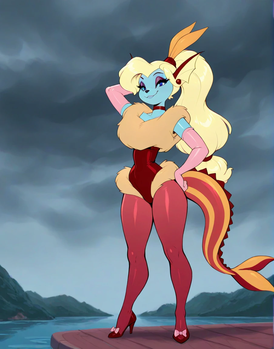 masterpiece, best quality, amazing quality, absurdres, solo, overcast,
goldie pheasant, vaporeon, anthro, female, generation 1 pokemon, blue eyes, blonde hair, ponytail, eyeshadow, red leotard, red choker, red ear piercing, fur lined clothing, pink elbow gloves, red pantyhose, red high heels, , closed mouth, smile, hand on hip, hand behind head, , 
by inu-sama, <lora:GoldiePheasant_011-illus-nd08-na32-b2-ep13:1>
