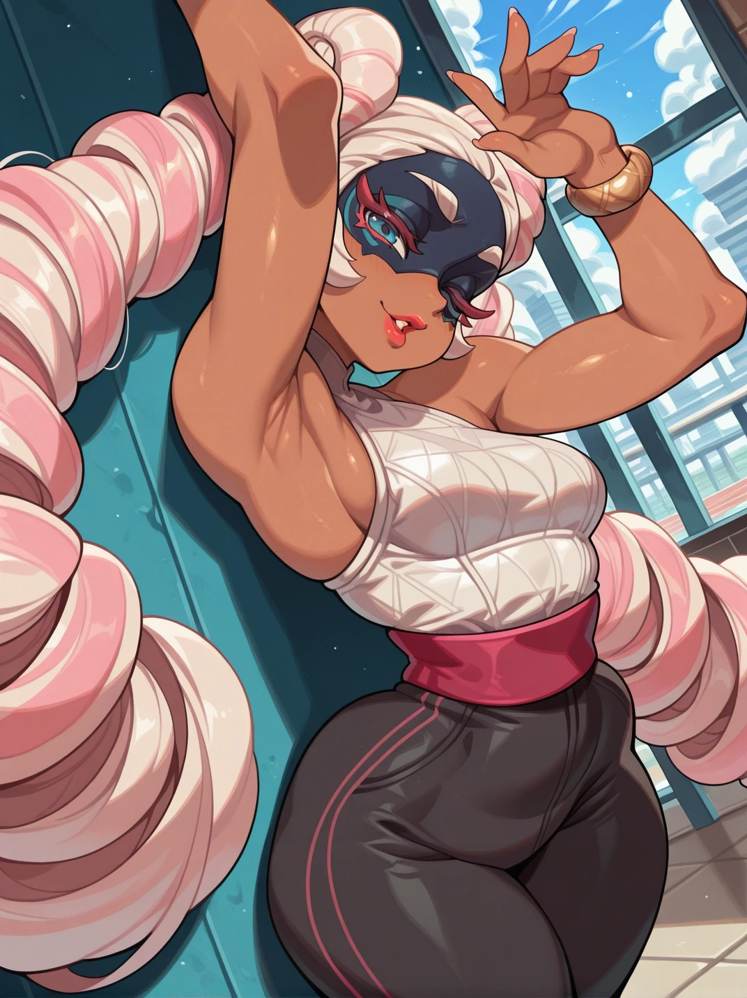 HandBeardXLP, hatching (texture),,
1girl, (TwintelleXL:1), (shirt, black pants, sleeveless, bracelet, jewelry, red sash:1.2), (blue eyes, dark-skinned female, long hair, twin drills, mask, drill hair, very long hair, multicolored hair, pink hair, blonde hair, lipstick:1),, skindentation, blush, curvy, hips, medium breasts,
light smile, dutch angle, dynamic angle, naughty pose, looking at viewer, outdoors, arms up, armpits, sexy pose, solo, dynamic pose, cowboy shot, head tilt, parted lips, one eye closed, naughty face, from above, against wall, indoors, gym from side,
<lora:ATwintelle_character:0.75>,, <lora:ABearHand_style-12:0.8> <lora:ChunkyLines_IL_Style:0.8> ChunkyL1n3s, wide hips, long eyelashes