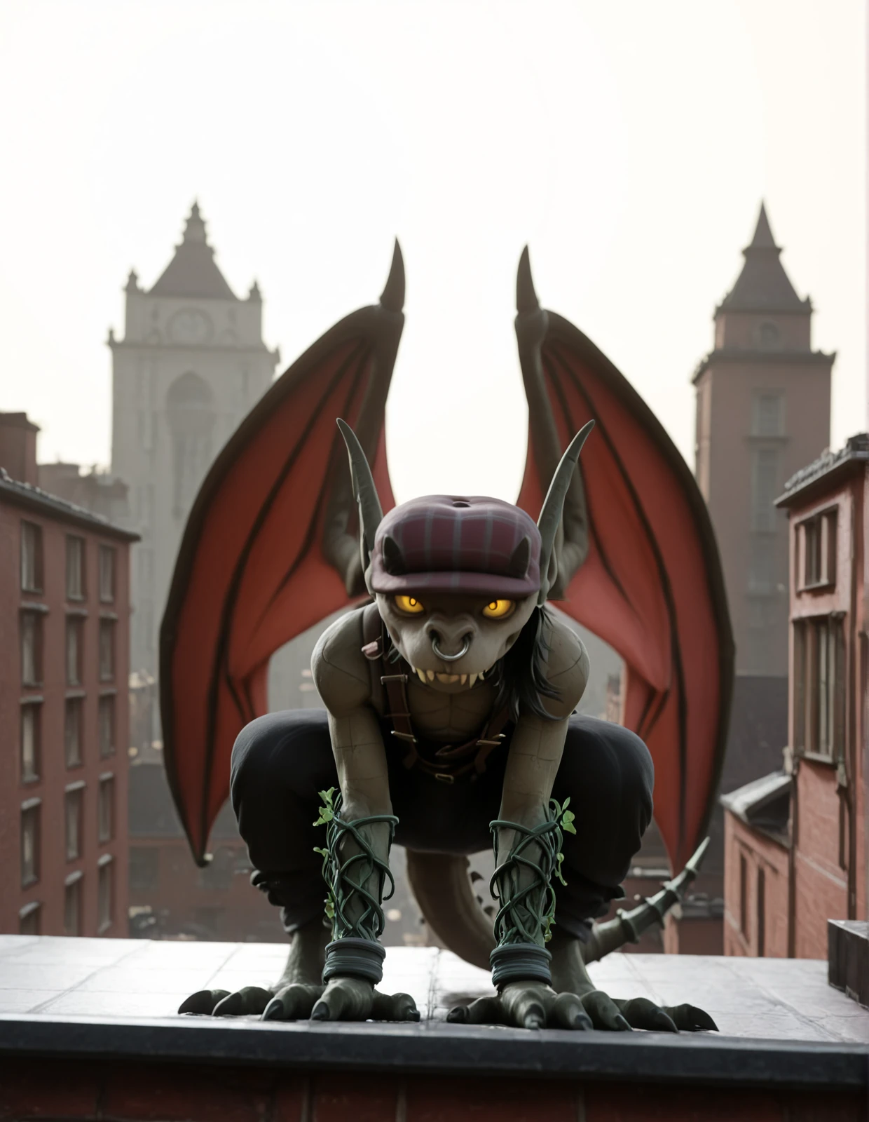 <lora:ivy-deadlock-v3_illustrious:1> (masterpiece, best quality, highres, absurd res, newest), ivy \(deadlock\), gargoyle, ambiguous gender, anthro, black hair, building, city, clothed, clothing, container, facial piercing, hair, hat, headgear, headwear, neo-classical architecture, nose piercing, nose ring, outside, piercing, pose, ring piercing, rooftop, septum piercing, septum ring, solo, spiked tail, spikes, spikes \(anatomy\), suspenders, tail, wings, 16:9, 4k, absurd res, (blender \(artwork\), 3d \(artwork\):1.2), looking at viewer,âââ