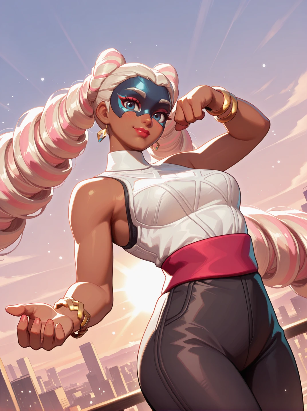 highres, hi res, best quality, masterpiece,,
1girl, (TwintelleXL:1), (shirt, black pants, sleeveless, bracelet, jewelry, red sash:1.2), (blue eyes, dark-skinned female, long hair, twin drills, mask, drill hair, very long hair, multicolored hair, pink hair, blonde hair, lipstick:1),, skindentation, blush, curvy, hips, medium breasts,
light smile, dutch angle, sexy pose, happy, looking at viewer, sunlight, sky, fighting stance, daylight, outdoors, dynamic pose, cowboy shot, head tilt, light particles, from above, portrait,
<lora:ATwintelle_character:0.75>,, <lora:AMarvelRivals_style-06:0.9> MarvelRivals,,, semi realistic, cartoon,,,