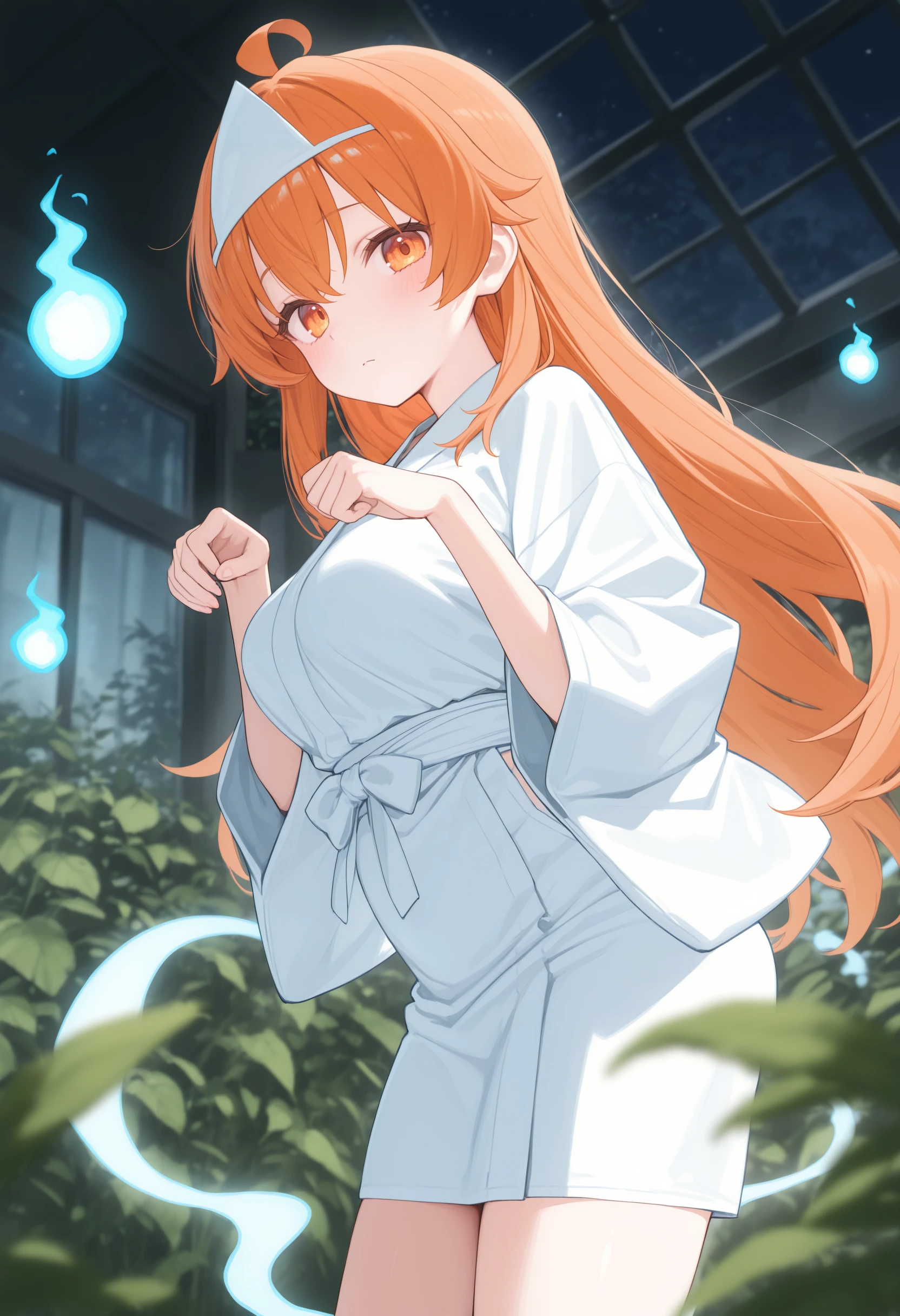 1girl,(sho \(sho lwlw\):0.7),(toosaka asagi:0.5),(sincos:0.3),solo,
masterpiece, best quality, newest, absurdres, CG, anime, source anime, illustration,
medium breasts,
triangular headpiece, shiroshouzoku, japanese clothes, ghost, ghost pose, ghost costume, hitodama, ghost tail, hands up,
blurry background, depth of field, blurry foreground, dark background, night,<lora:triangularheadpiece_Illust_v1:0.8>
from side, cowboy shot, looking at viewer, orange hair, orange eyes,confused, greenhouse, closed mouth, lightly curled inwards hair,