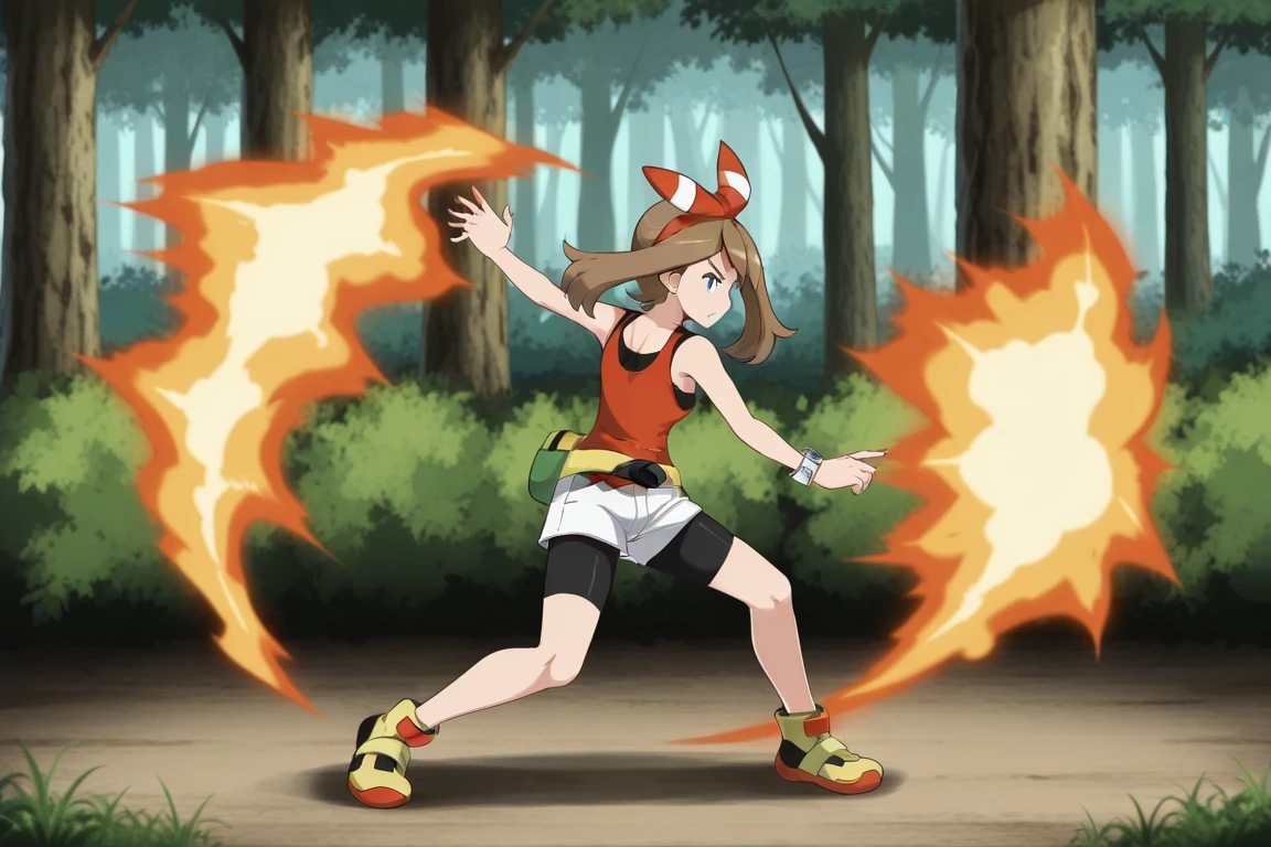 orochinagi, outstretched arms, dynamic pose, fire, pyrokinesis, 1girl, solo, harukamayoras, may (pokemon), brown hair, bow hairband, blue eyes, sleeveless shirt, fanny pack, short shorts, bike shorts, bike shorts under shorts, bracelet, yellow shoes, full body, outdoors, forest, serious, from side, back,