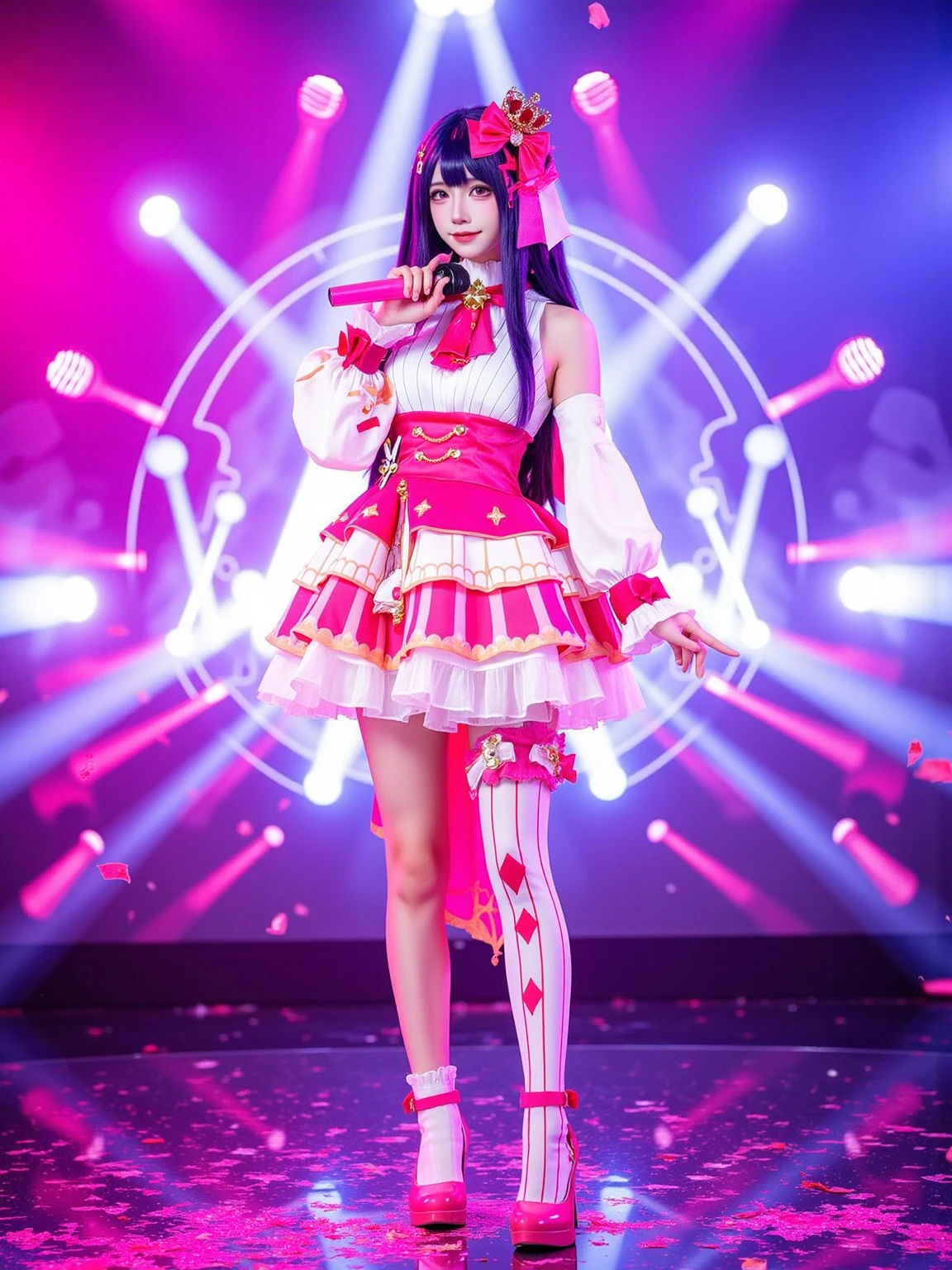 A realistic photo of a tall and slender beautiful young woman in cyb-hoshinoai cosplay costume. She is also wearing mismatched legwear and pink high heels. She has purple hair with mini crown and hair bow. She is holding a microphone.
The sence is a grand concert stage illuminated by vibrant spotlights in pink, purple, and blue, with a massive LED screen displaying shimmering star patterns. Glittering confetti falls through the air, creating a dazzling and electrifying atmosphere.
The photo is a full body shot with her entire body visible and with intricate details scene.