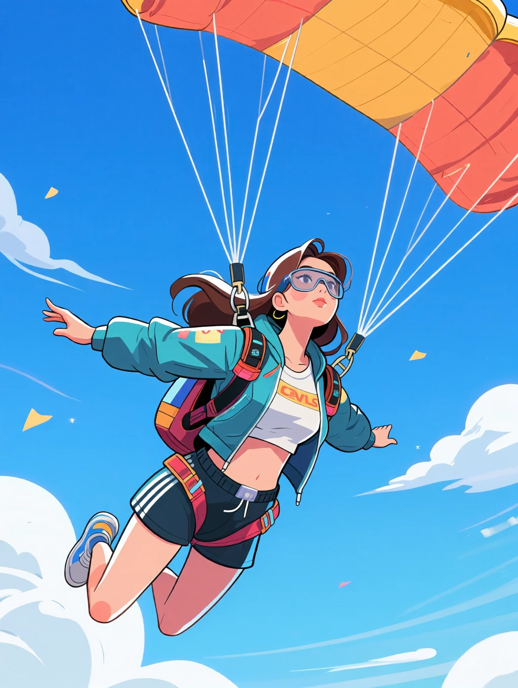 stylized r1vals illustration showing a beautiful korean woman skydiving, she is wearing cool streetwear clothes <lora:r1vals_qwen:1>