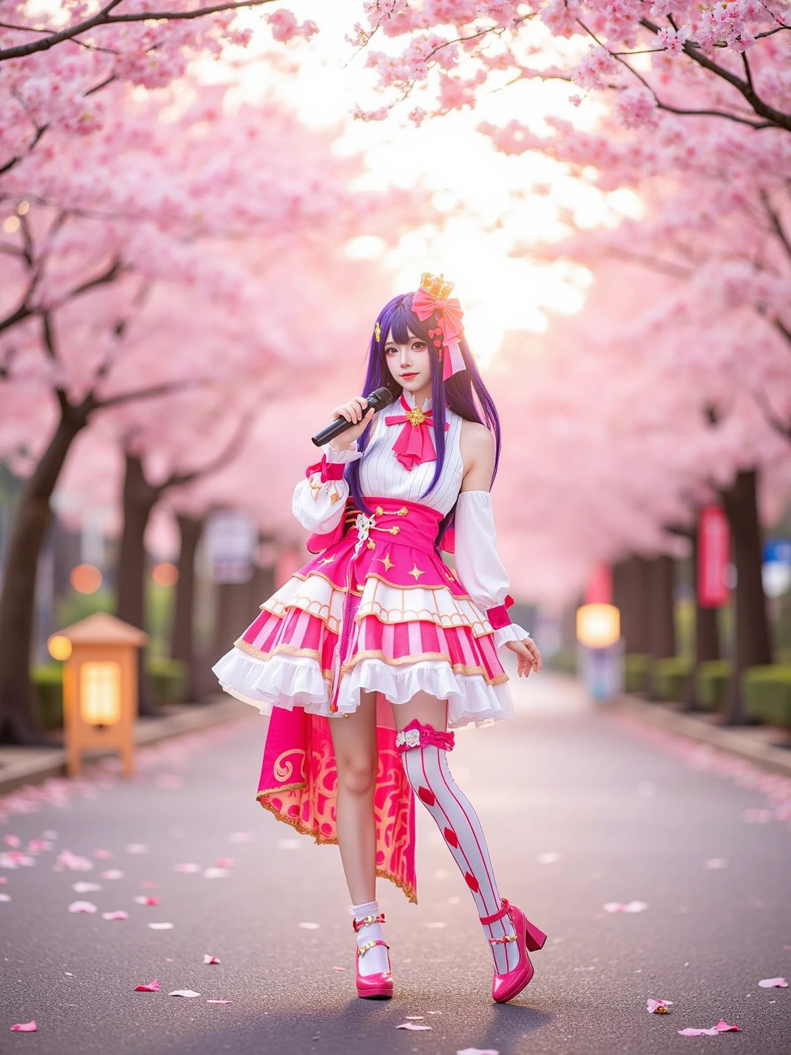 A realistic photo of a tall and slender beautiful young woman in cyb-hoshinoai cosplay costume. She is also wearing mismatched legwear and pink high heels. She has purple hair with mini crown and hair bow. She is holding a microphone.
The sence is a picturesque cherry blossom avenue at sunset, with soft pink petals falling gently to the ground. The street is lined with glowing lanterns, and a dreamy golden-pink light filters through the trees, creating a serene and romantic atmosphere. A faint breeze carries the scent of blooming flowers through the air.
The photo is a full body shot with her entire body visible and with intricate details scene.