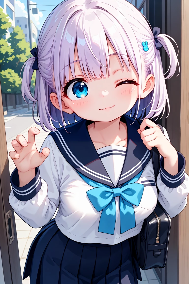 masterpiece, best quality, amazing quality, very aesthetic, absurdres,
cute round face, slender, detailed eyes, detailed hair, kawaii,
1girl, solo, medium breasts, school uniform, cowboy shot,
one eye closed
<lora:wink1_left_xl_v20:1>