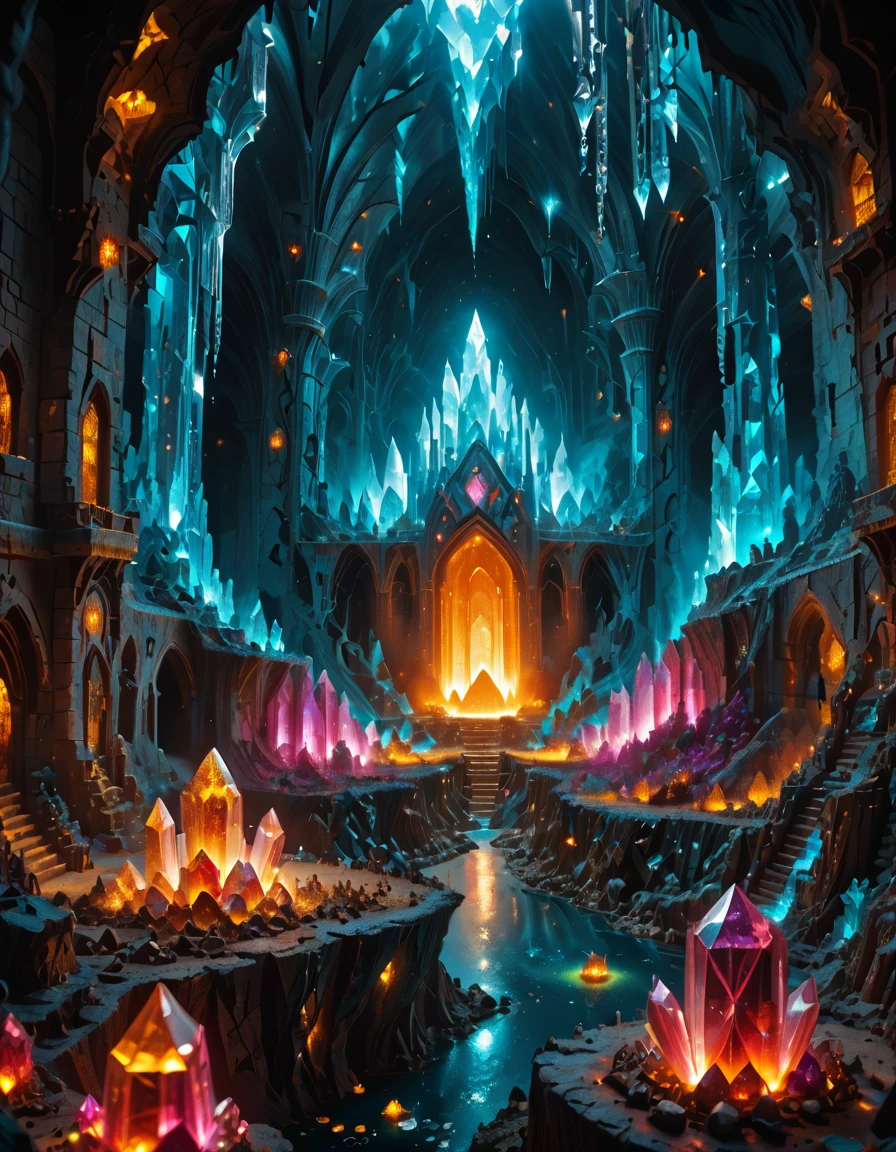 <lora:MW_Dwarven_beta_pony:1> vast underground cavern glowing with giant crystals, light reflecting in rainbow colors, dwarves mining carefully with pickaxes, carts full of gems, glowing crystal towers, water streams reflecting light, magical fantasy atmosphere, epic cinematic perspective, vibrant colors, breathtaking beauty