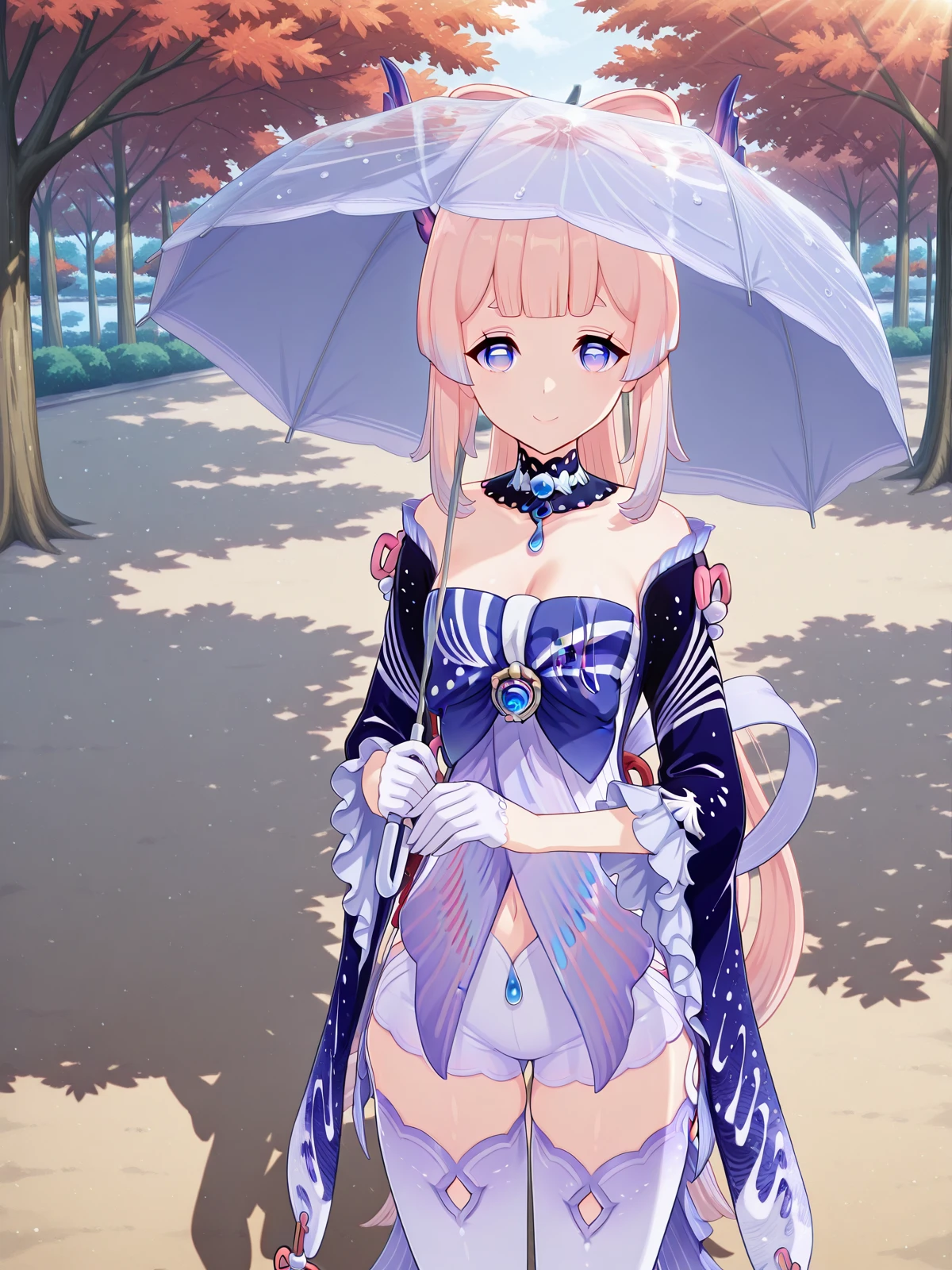 masterpiece, best quality, amazing quality,, <lora:genshin-kokomi-sangonomiya-ingame-illustriousxl-lora-nochekaiser:1>, kokomi sangonomiya, sangonomiya kokomi, long hair, bangs, hair ornament, purple eyes, pink hair, sidelocks, multicolored hair, blunt bangs, gradient hair, bow-shaped hair, mature female, medium breasts, 3d,, <lora:getsuyoubi-no-tawawa-385-illustriousxl-lora-nochekaiser:1>, getsuyoubinotawawa 385, looking at viewer, smile, holding, standing, outdoors, solo, umbrella, holding umbrella, sunlight, shadow, tree, tree shadow, , ,