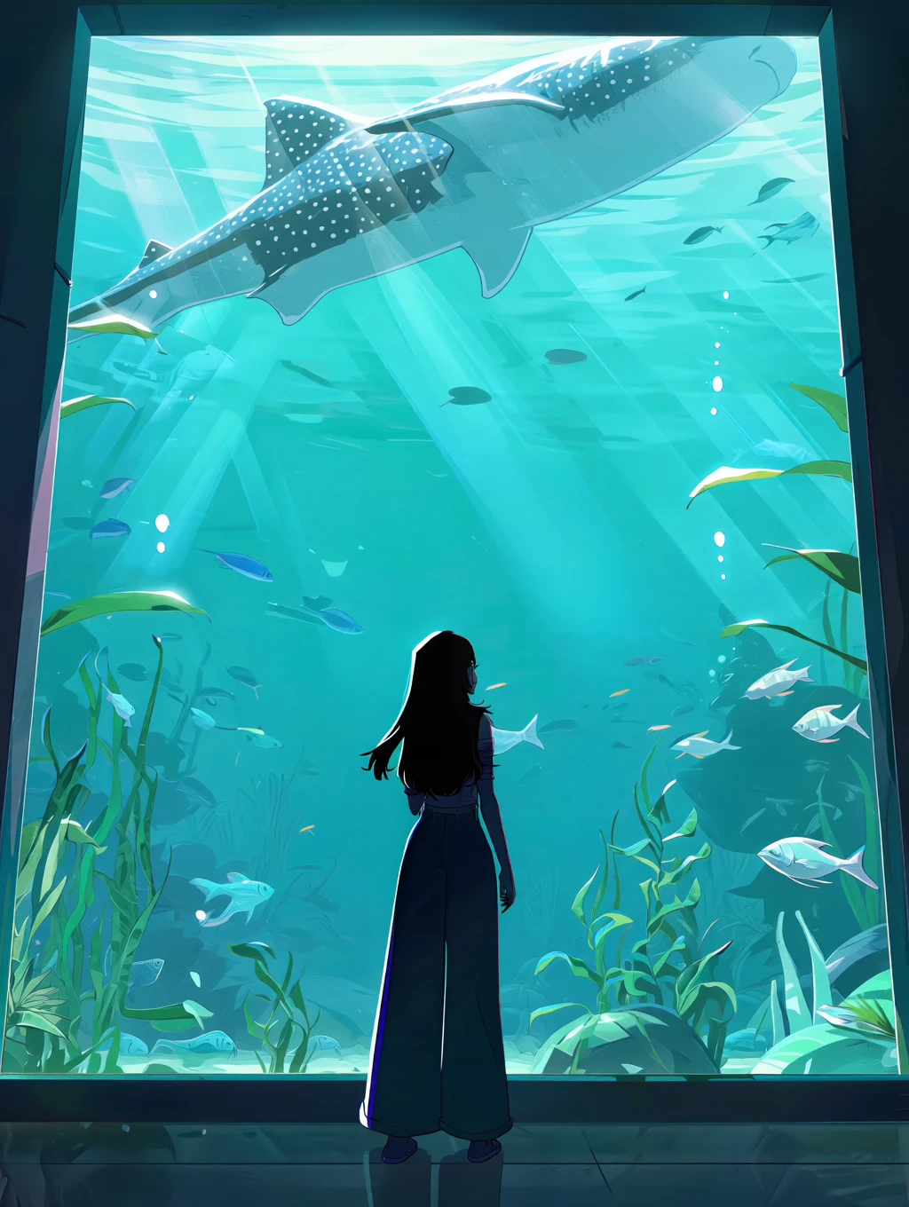 stylized r1vals illustration showing a silhouette of a woman standing in front of a large aquarium, looking at a whale shark. The woman has long black hair and is wearing wide-legged pants. The aquarium is filled with various types of fish and aquatic plants, and the water is a deep blue-green color. The whale shark is visible above the woman, with rays of light filtering through the water. The image has a dreamy, ethereal quality with a soft, dreamy atmosphere. The style is reminiscent of anime or manga art. <lora:r1vals_qwen:1>