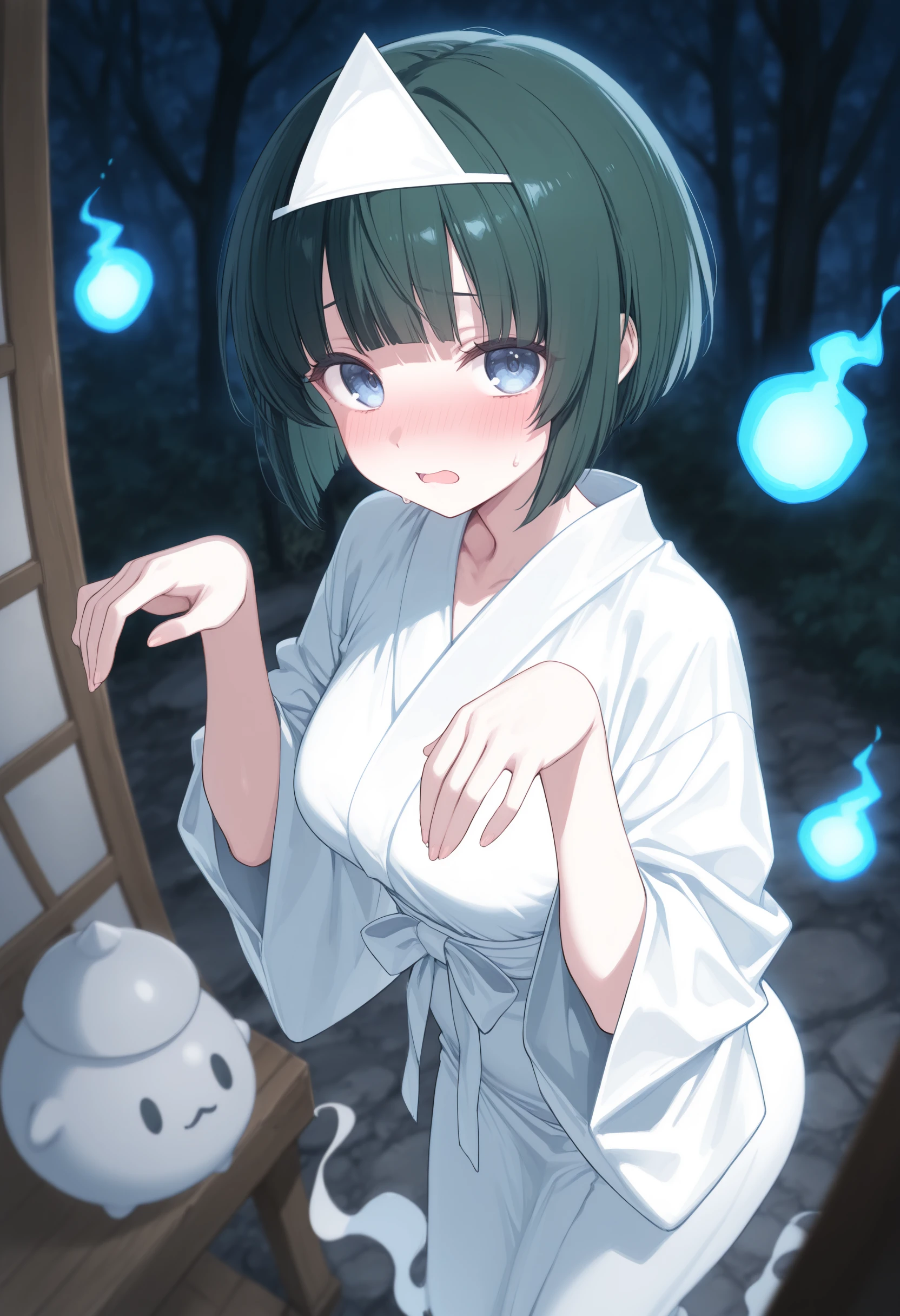 1girl,(sho \(sho lwlw\):0.7),(toosaka asagi:0.5),(sincos:0.3),solo,
masterpiece, best quality, newest, absurdres, CG, anime, source anime, illustration,
medium breasts,
triangular headpiece, shiroshouzoku, japanese clothes, ghost, ghost pose, ghost costume, hitodama, ghost tail, hands up,
blurry background, depth of field, blurry foreground, dark background, night,<lora:triangularheadpiece_Illust_v1:0.8>
from side, fisheye lens, looking at viewer, green hair, silver eyes,nose blush, garden, open mouth, bowl cut hair,