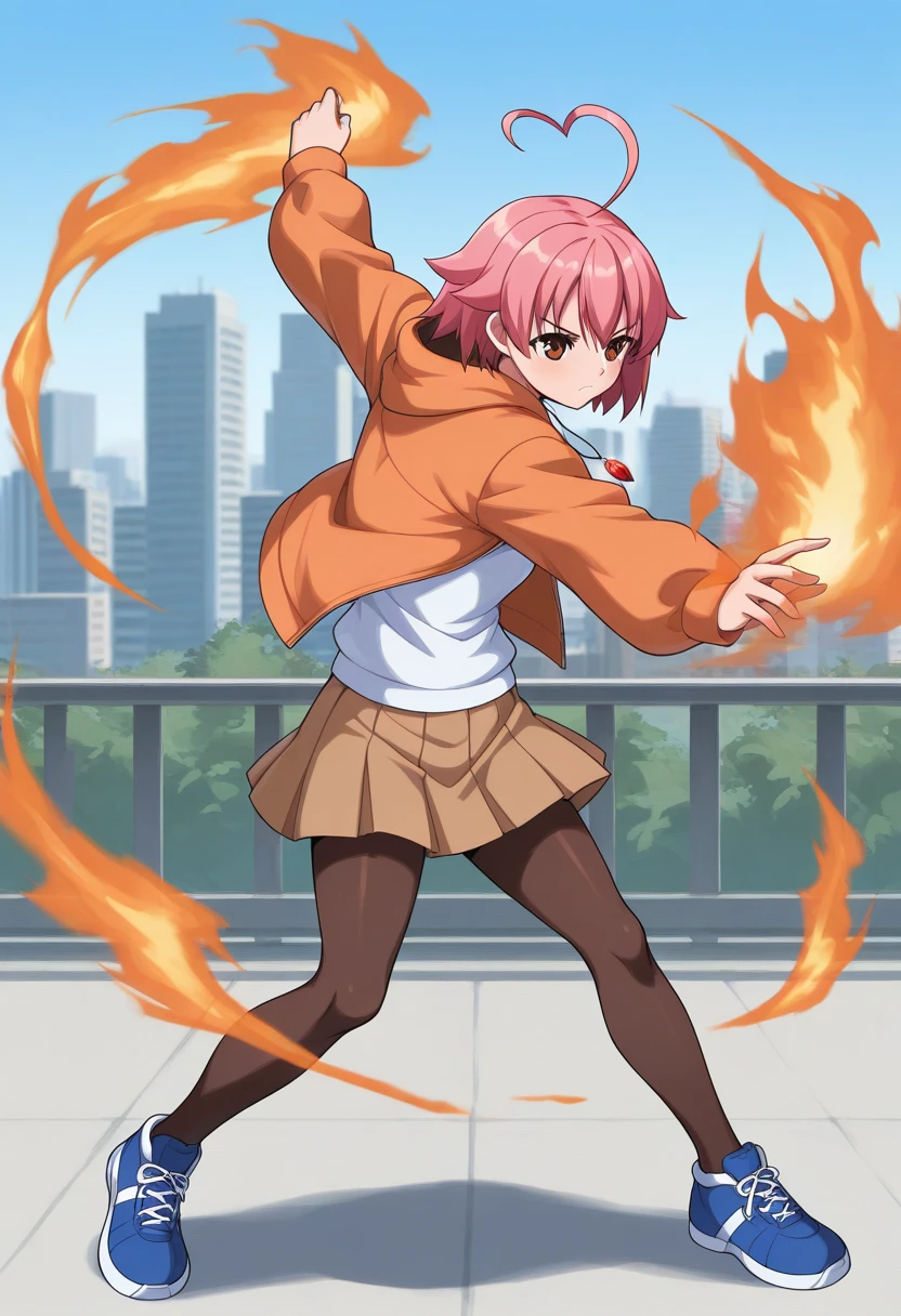 orochinagi, outstretched arms, dynamic pose, fire, pyrokinesis, 1girl, solo, ainohaato, pink hair, short hair, heart ahoge, brown eyes, orange jacket, hoodie, white tank top, brown skirt, pleated skirt, brown pantyhose, blue sneakers, pendant, outdoors, city, full body, serious, from side,