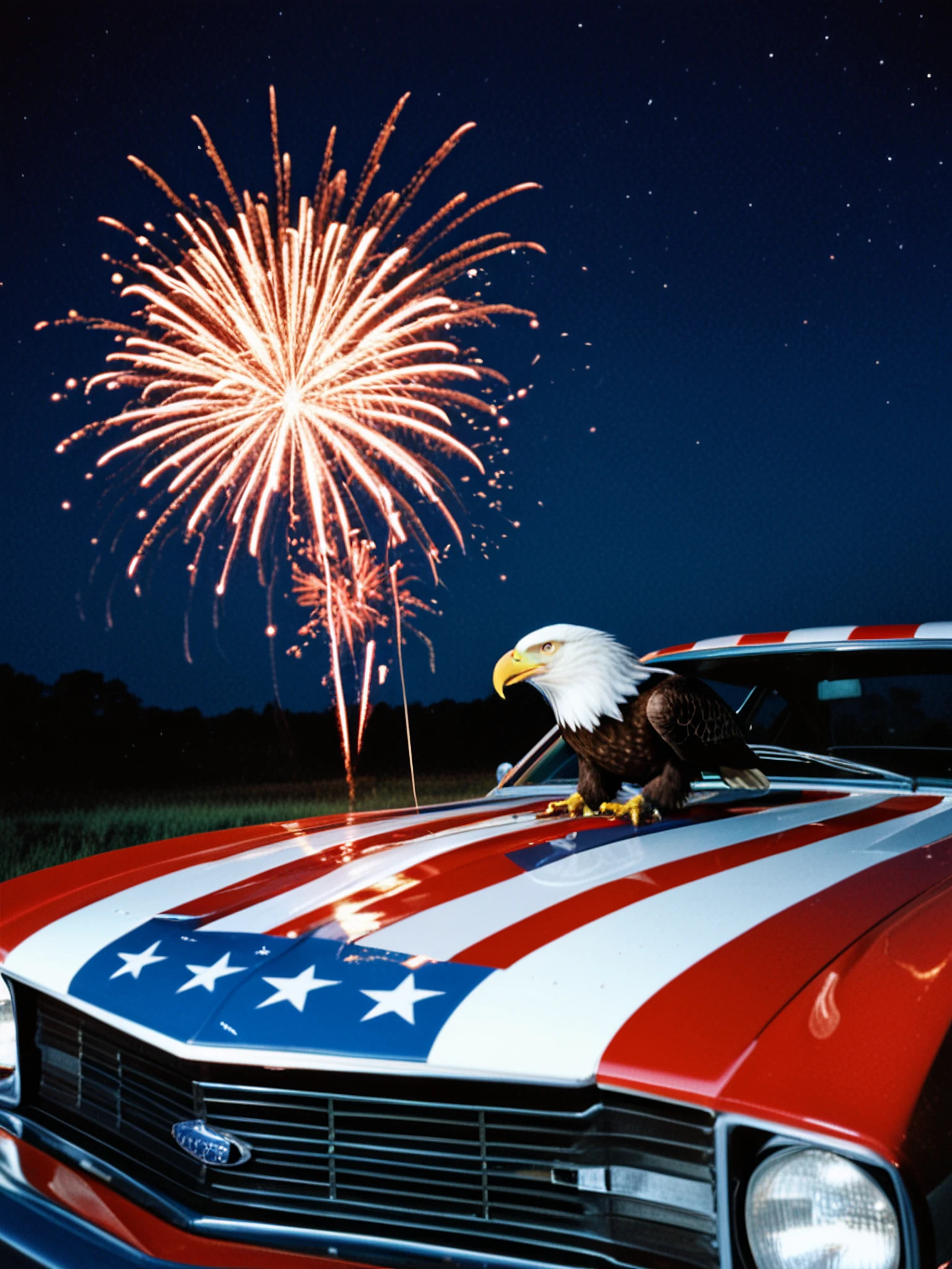 American, red, white & blue, stars & stripes, bald eagle, 1970's, cinematic, film grain:1.9, Kodak film, 1976 ford pinto, American, fireworks, bicentennial, "1976" America